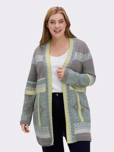 Longstrickjacke - kalkmint-grau-gemustert