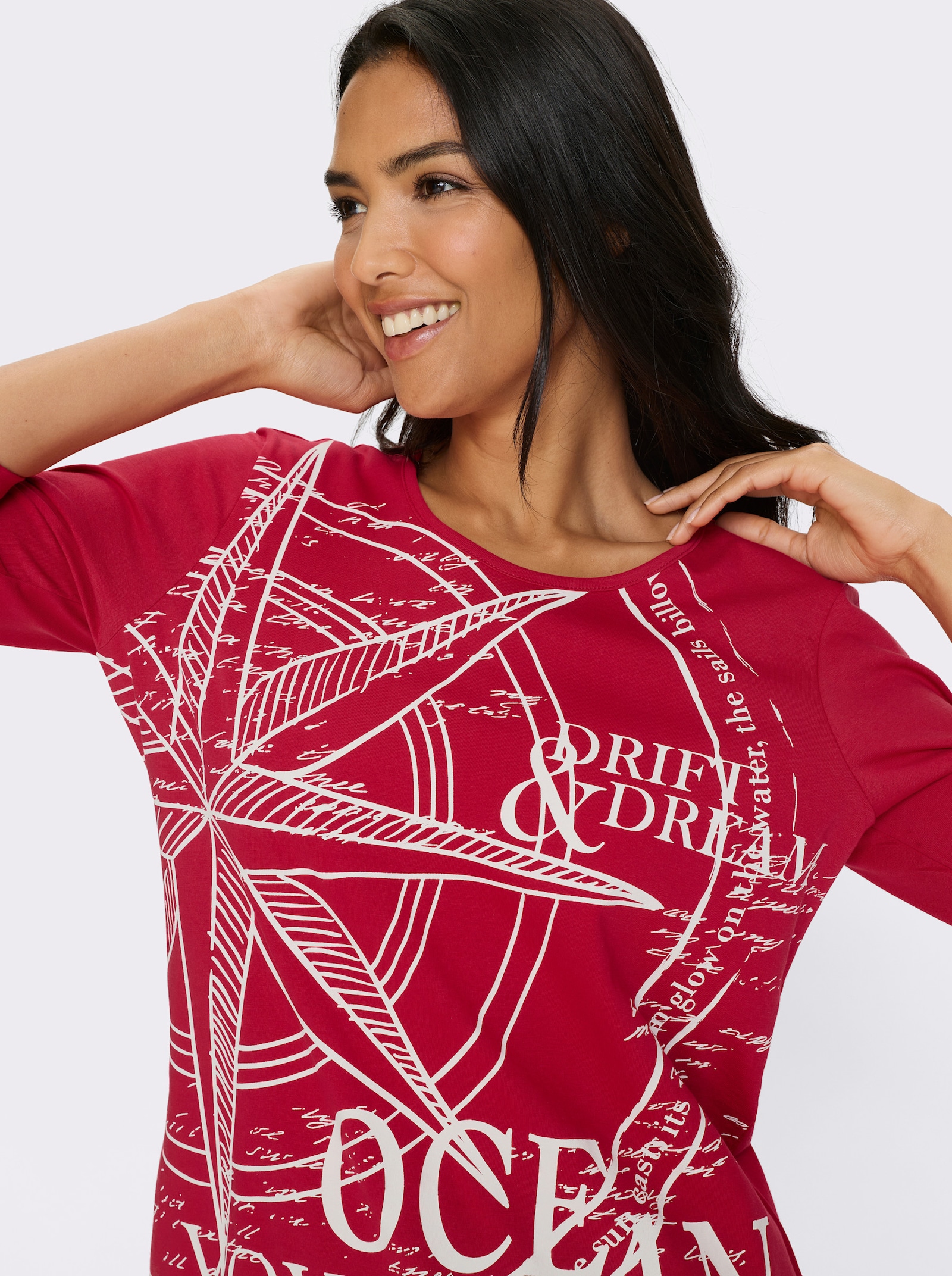 3/4-Arm-Shirt mit platziertem Print vorne - rot-weiss