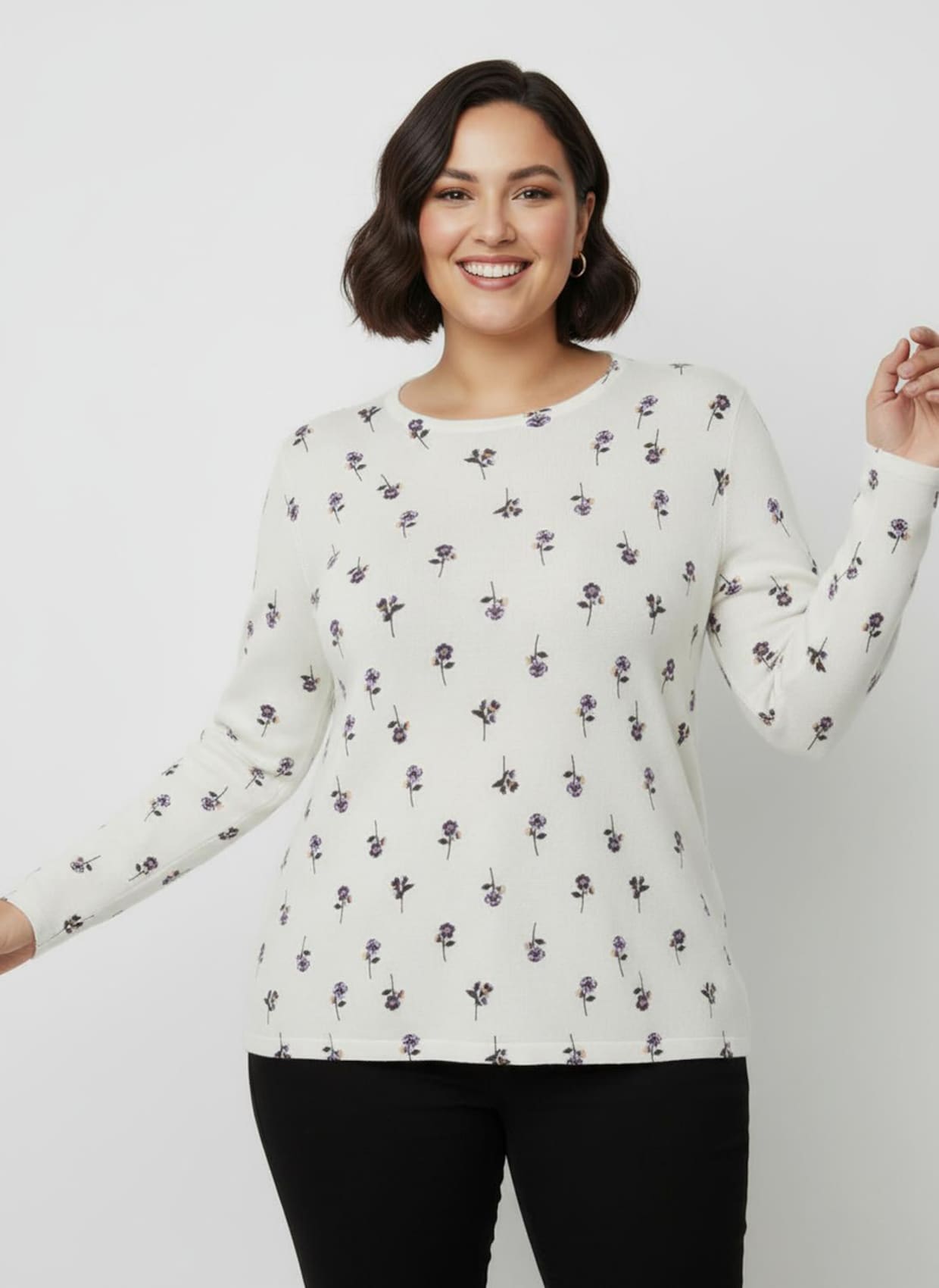 Feinstrickpullover mit Blumen-Dessin - ecru-bedruckt