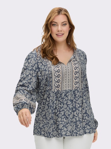 Druckbluse in Tunikaform - rauchblau-champagner-bedruckt
