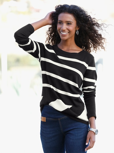 heine Pullover mit Rippenbündchen - schwarz-ecru-gemustert
