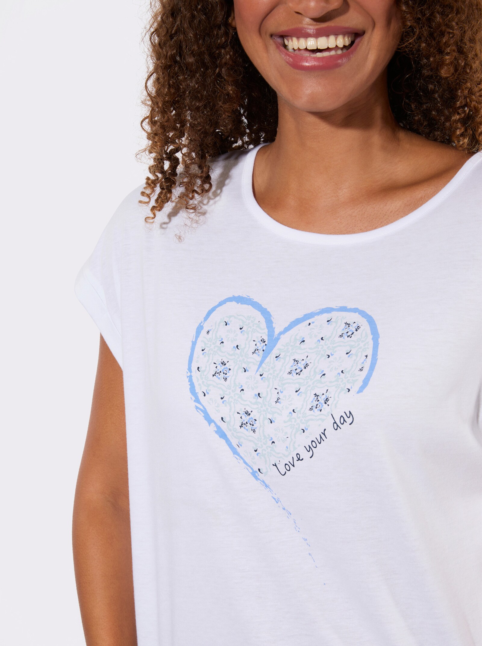 Rundhalsshirt mit Druck-Motiv - ecru-dunkelblau-bedruckt