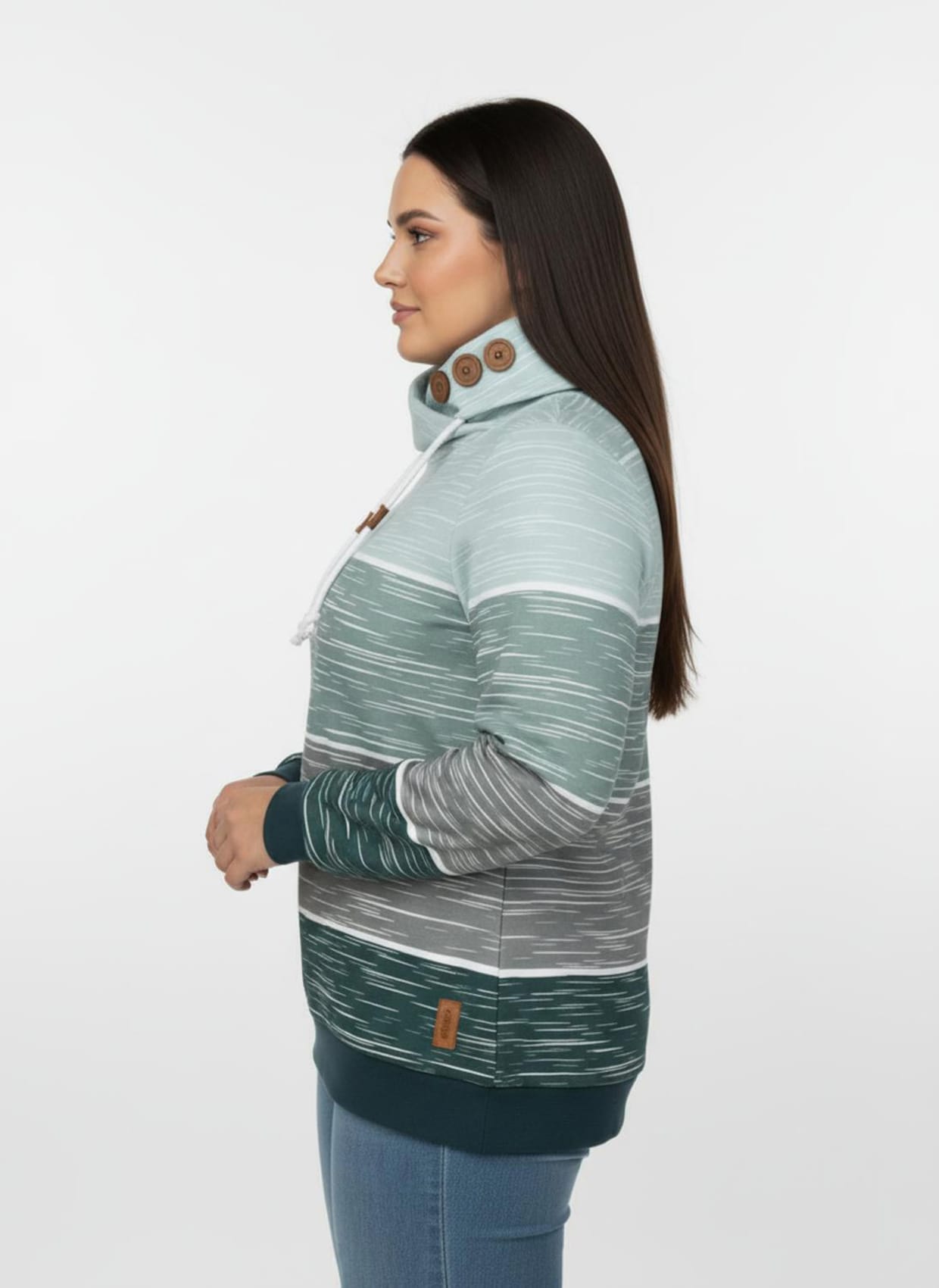 Sweatshirt mit Zierknöpfen am Kragen - petrol-kalkmint-bedruckt