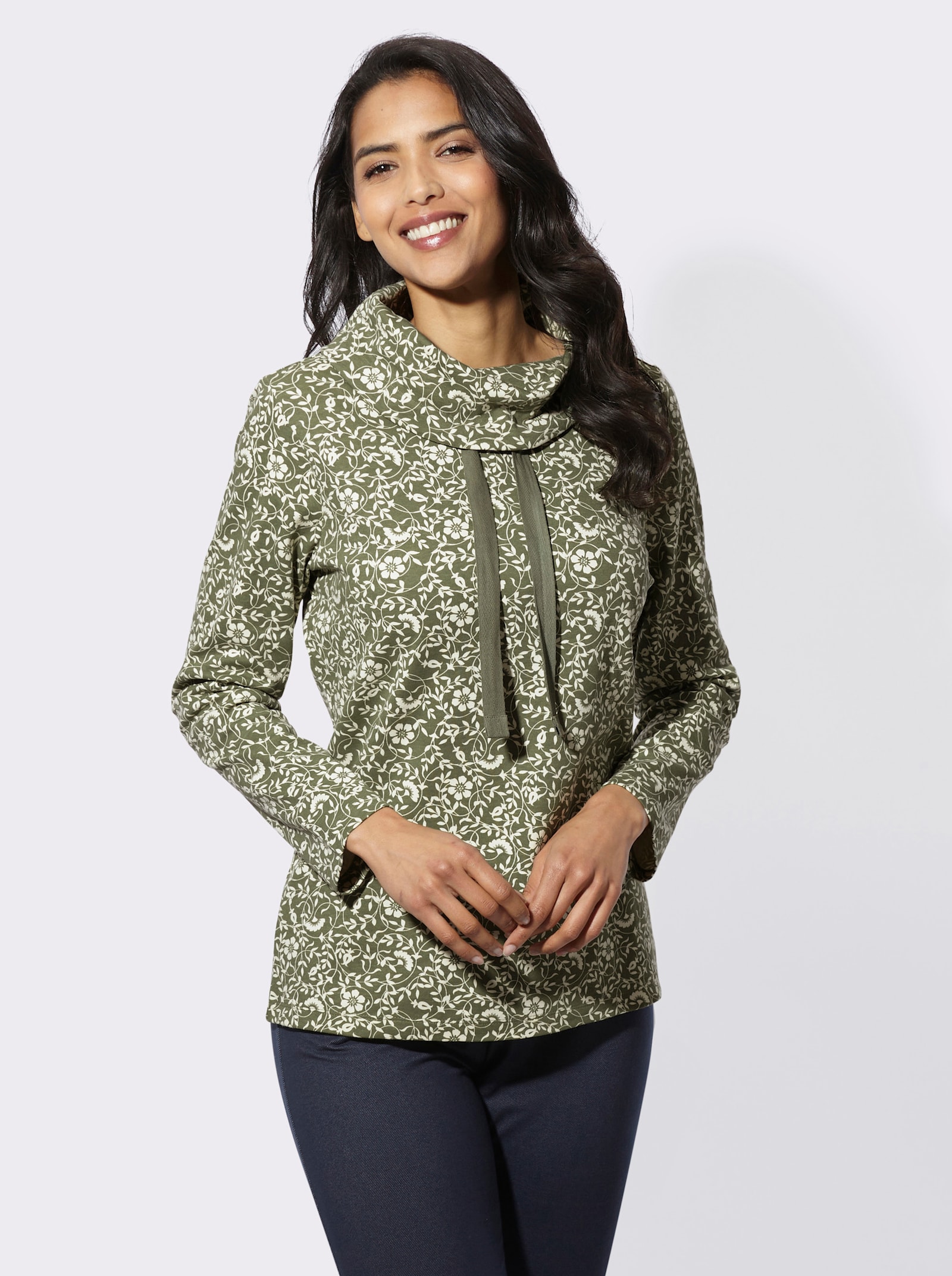 Sweatshirt mit weitem Rollkragen - khaki-champagner-bedruckt