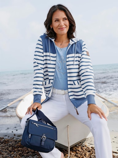 Shirtjacke mit schrägen Vordertaschen - jeansblau-ecru-geringelt