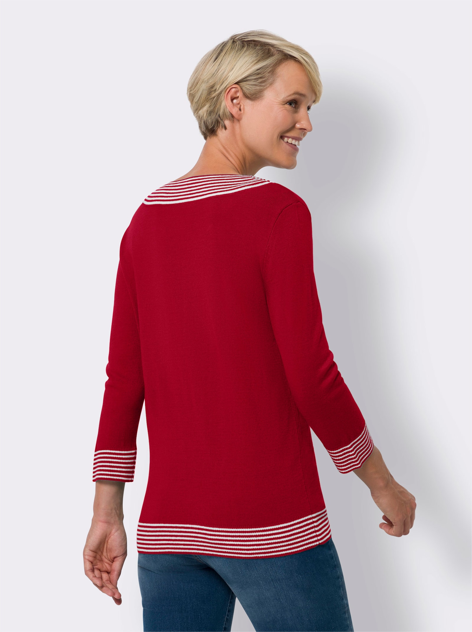 Pullover met 3/4-mouwen en V-hals - rood/wit