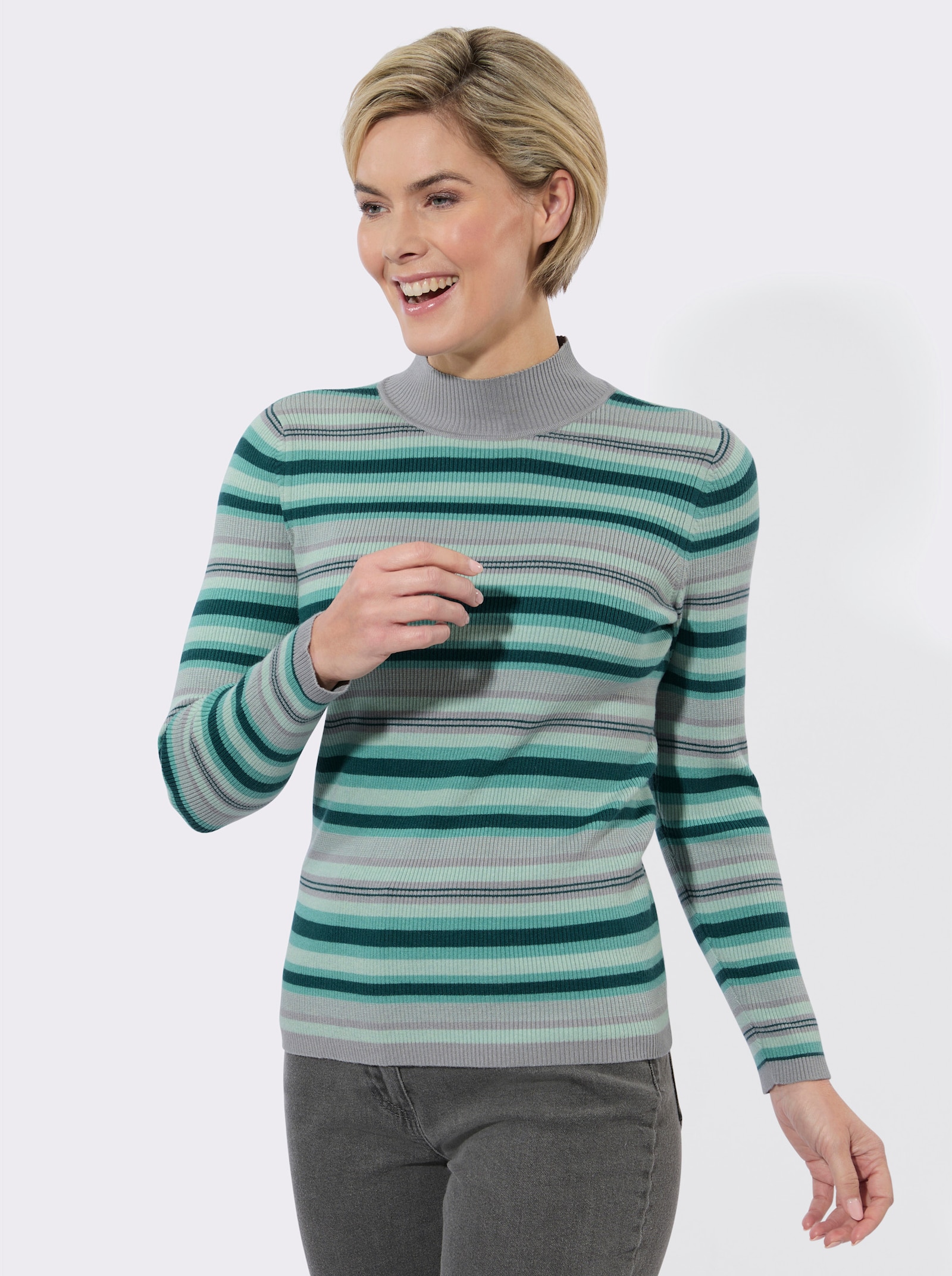 Streifenpullover mit Stehkragen - salbei-petrol-geringelt