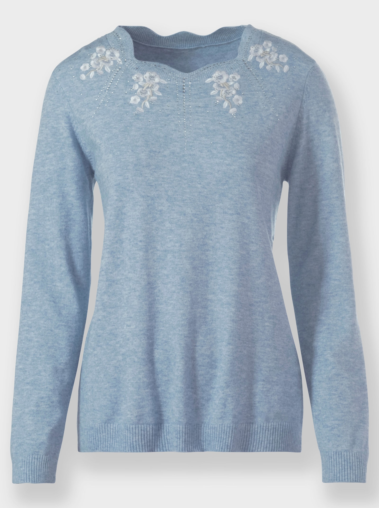 Langarm-Pullover mit Glitzersteinchen - eisblau-meliert