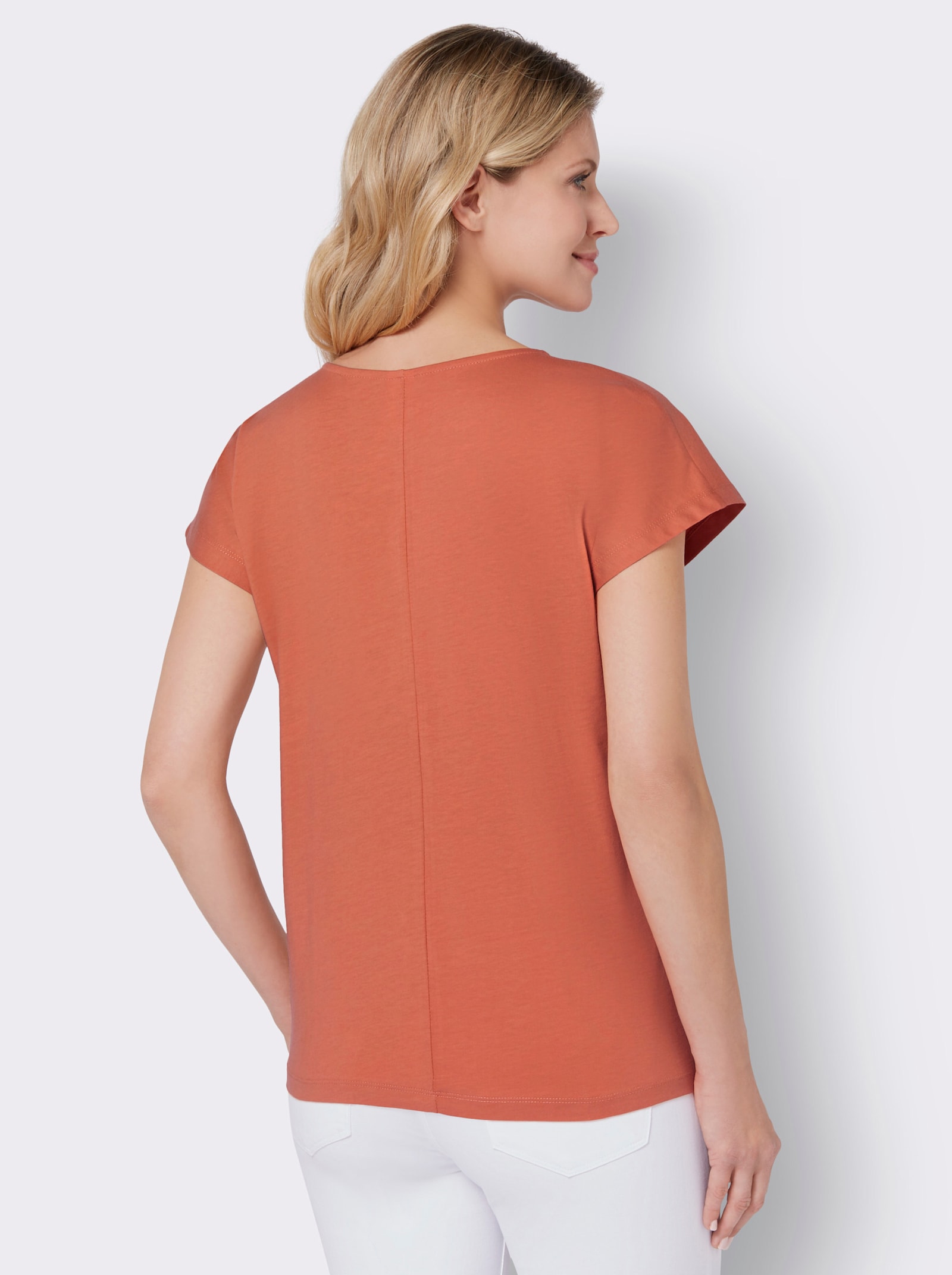 Rundhalsshirt mit Lochstickerei - papaya