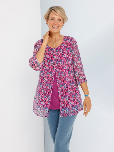 Longbluse in 2-in-1-Optik, obere Lage transparent - magenta-topas-bedruckt