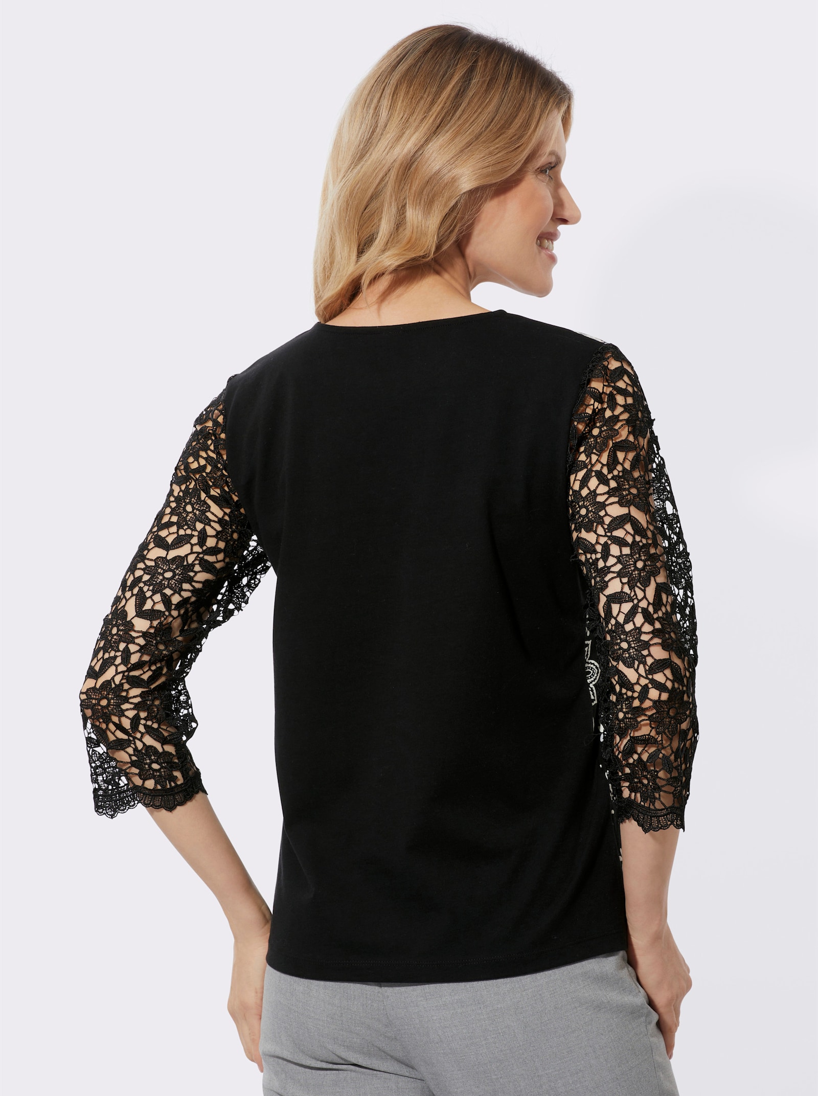 V-Shirt mit Spitzendruck - schwarz-champagner-bedruckt