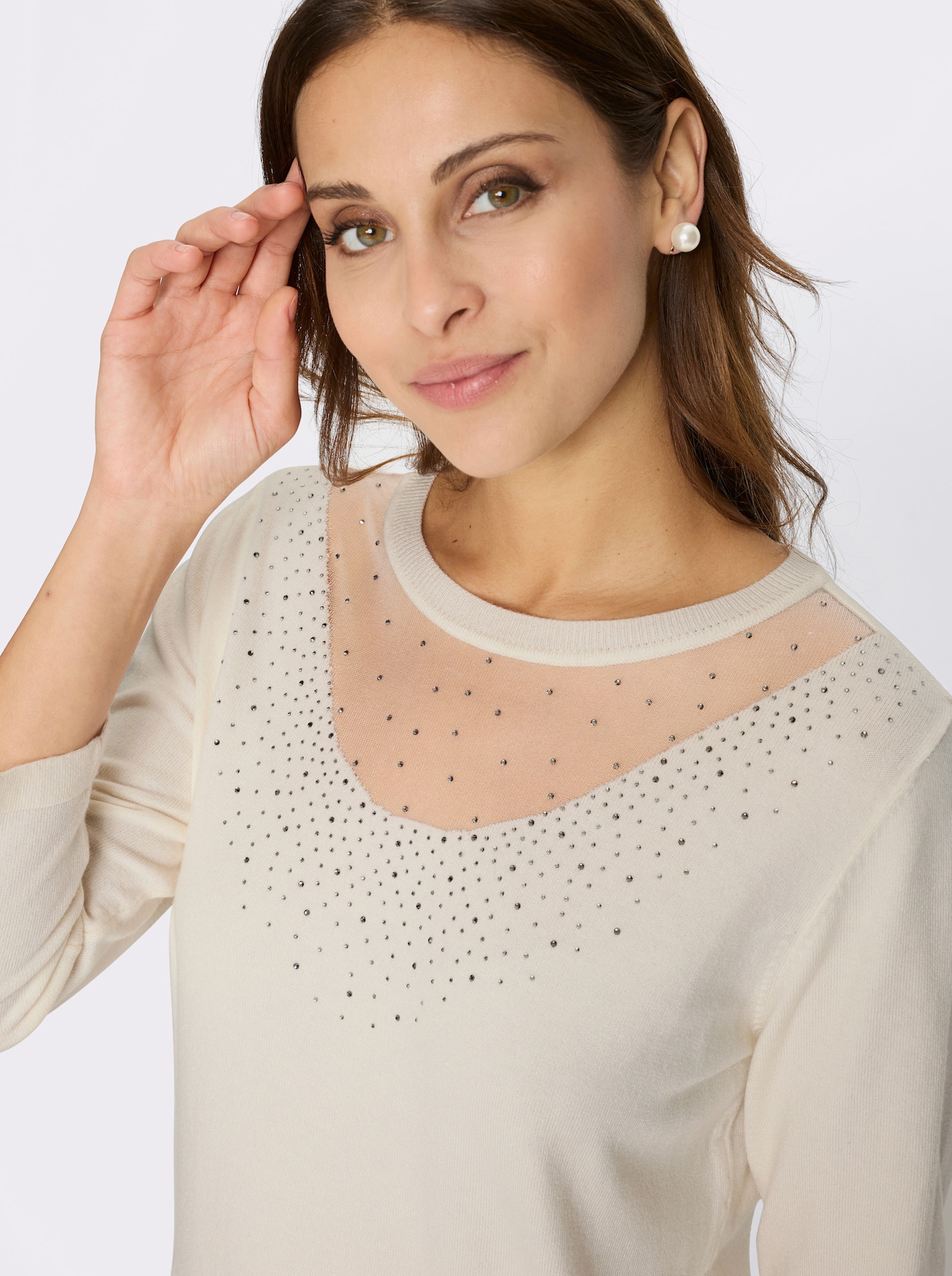 Feinstrickpullover mit Mesheinsatz - champagner