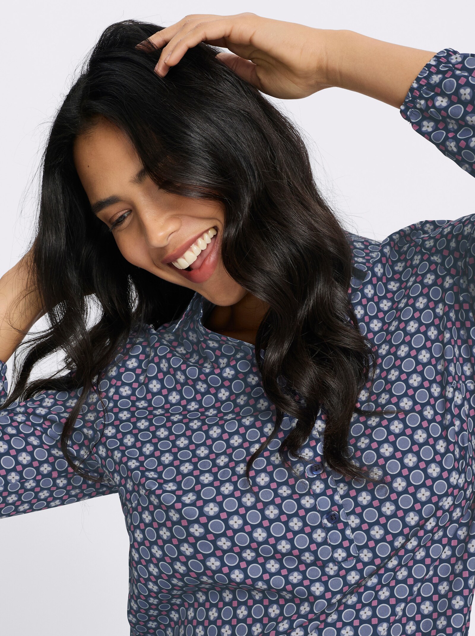 Schlupfbluse mit Gummibündchen - dunkelblau-taubenblau-bedruckt