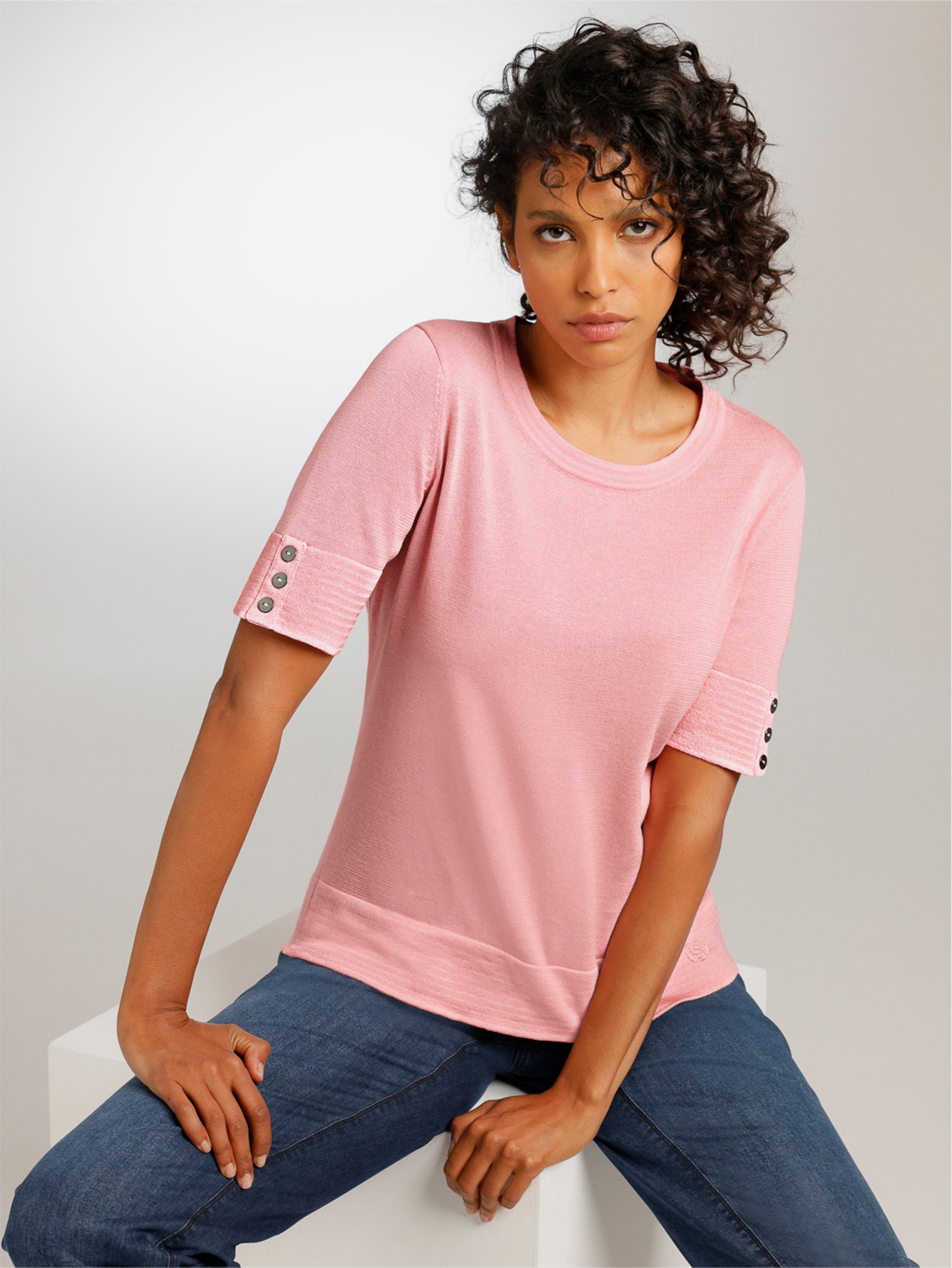 CREATION L PREMIUM Kurzarmpullover mit Glanzgarn-Abschlüssen - rosenquarz