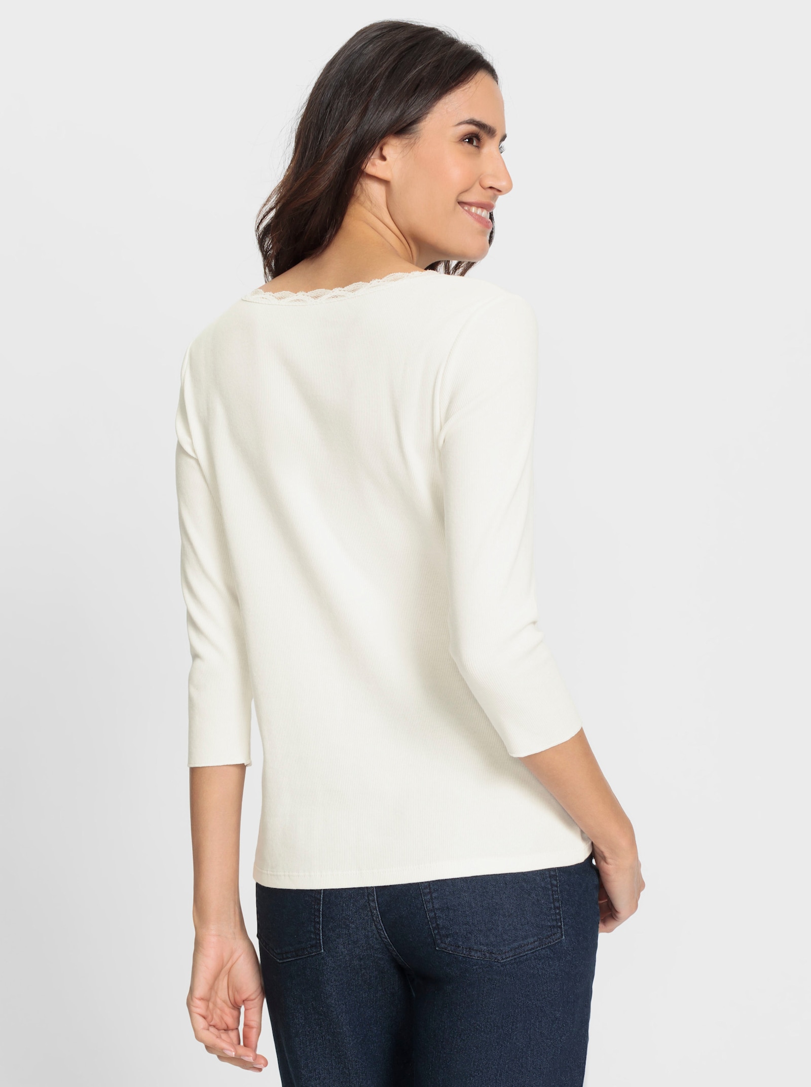 3/4-Arm-Shirt mit elastischer Spitze - ecru