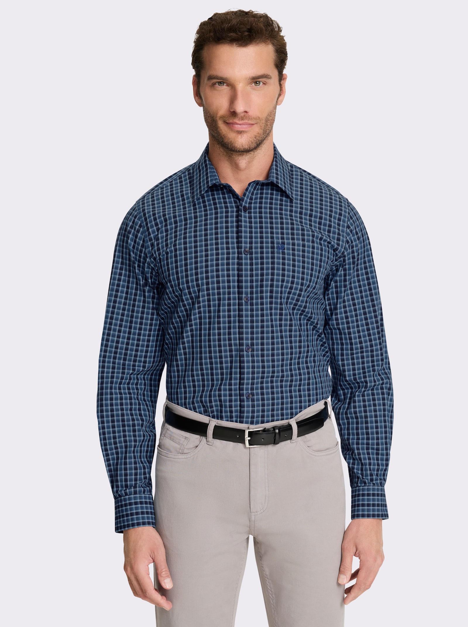 Marco Donati Langarmhemd in bügelfreier Popeline-Qualität - marine-jeansblau-kariert