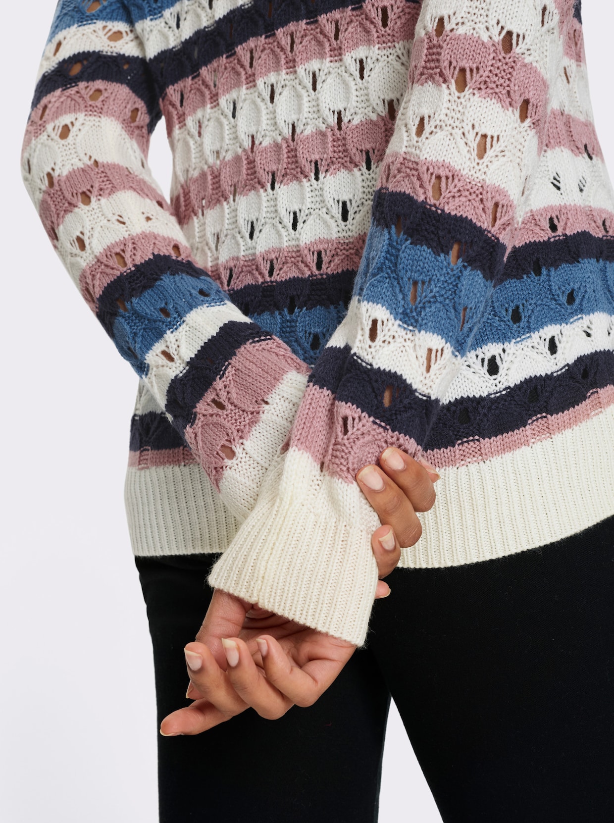 Ajourpullover mit Streifen-Muster - ecru-hortensie-gemustert