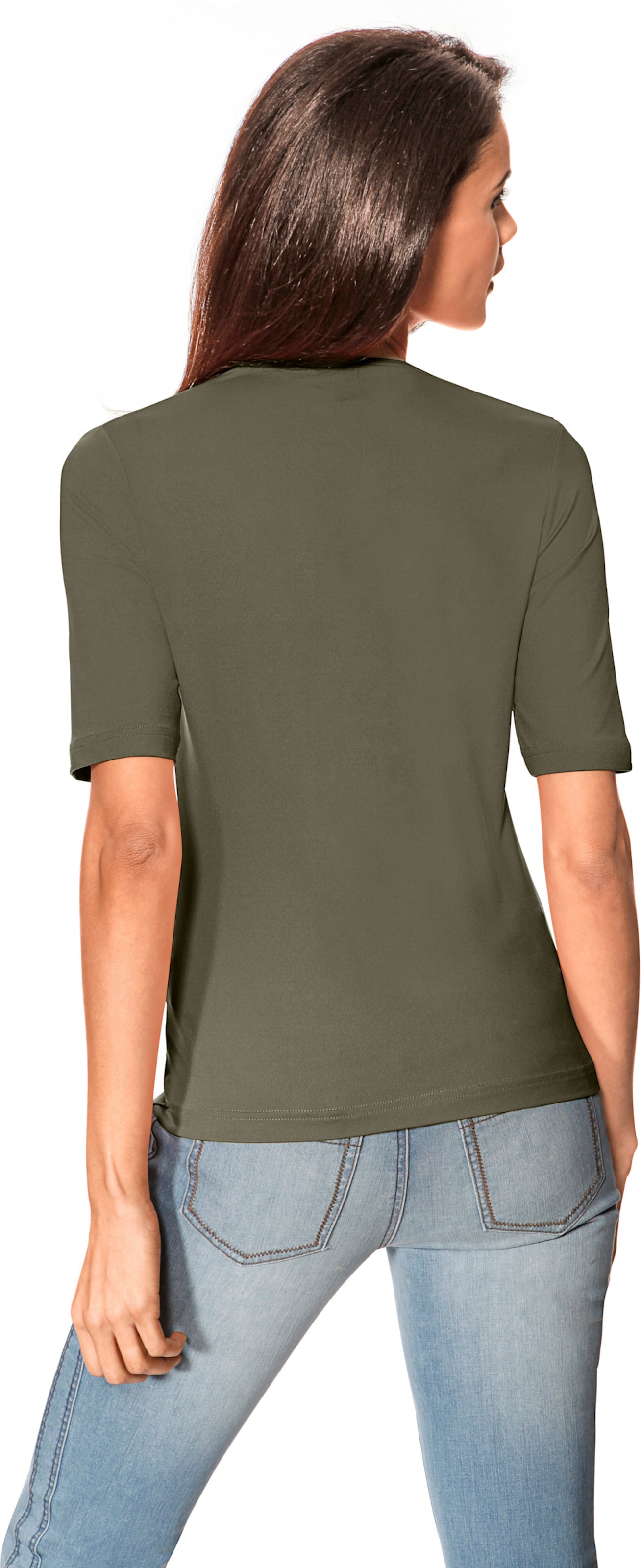 IR Mini günstig Kaufen-V-Shirt in oliv von heine. V-Shirt in oliv von heine <![CDATA[V-Shirt Modisches Basic mit femininem Ausschnitt. Figurbetont, mit etwas längerem Halbarm. Angenehm weiche, farbbrillante Tactel-Qualität mit Stretch-Anteil und leichtem Glanz.]]>. 