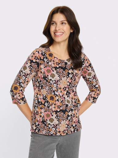3/4-Arm-Shirt mit Blütendessin - schwarz-papaya-bedruckt
