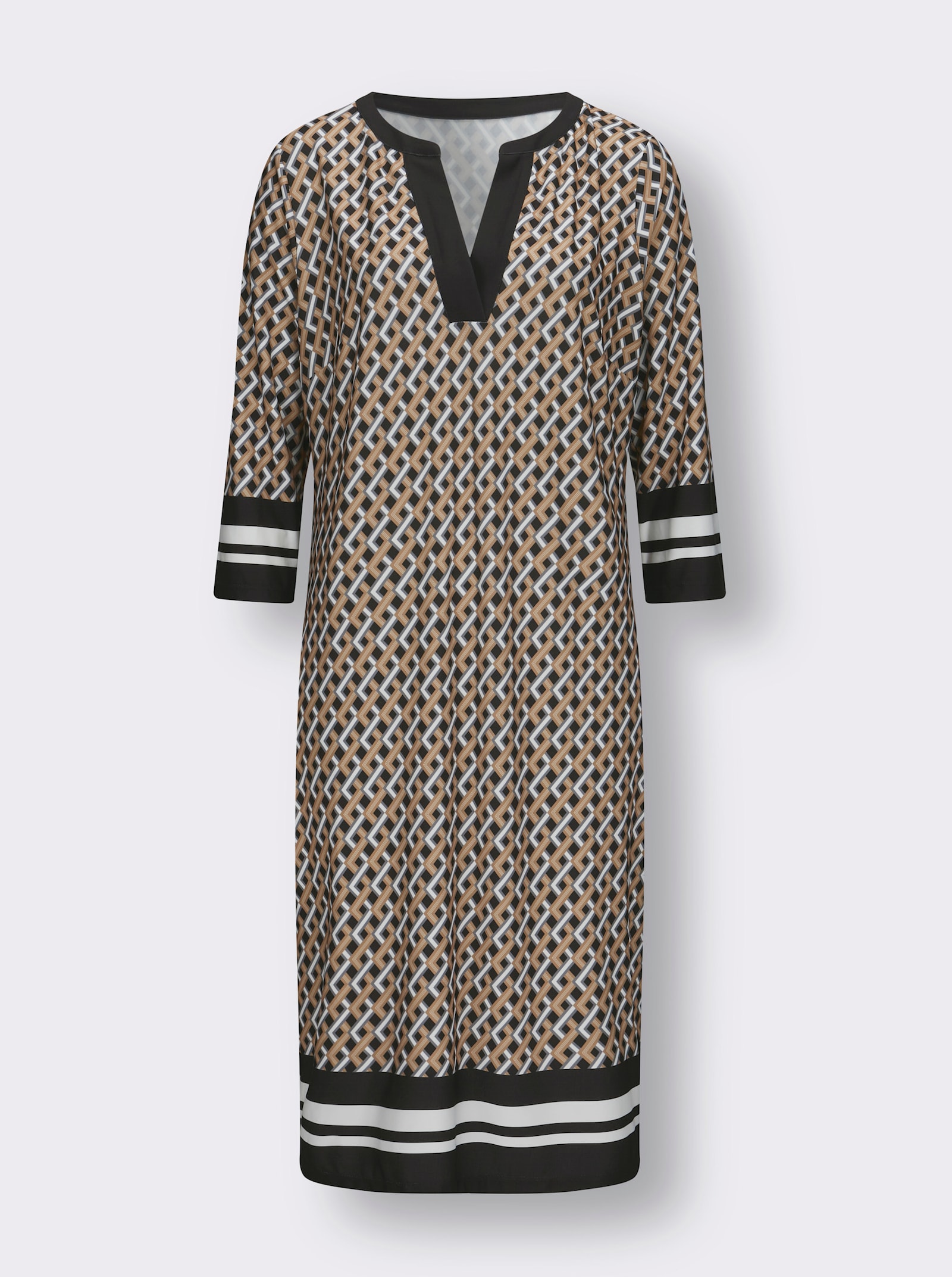 Jerseykleid mit 3/4-Ärmeln - camel-schwarz-bedruckt