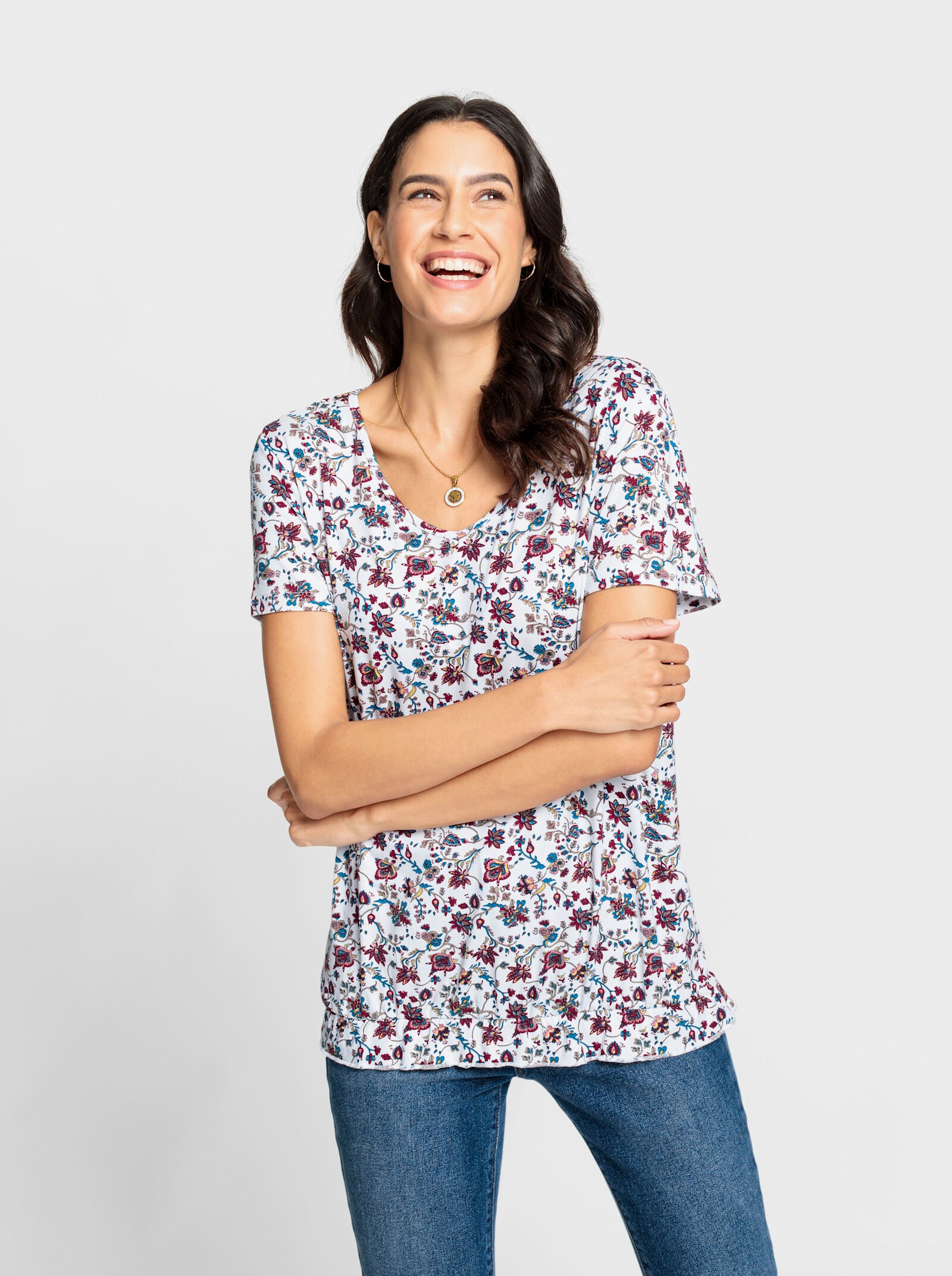 Print-Shirt mit Volant am Saum - weiß-kirsche-bedruckt