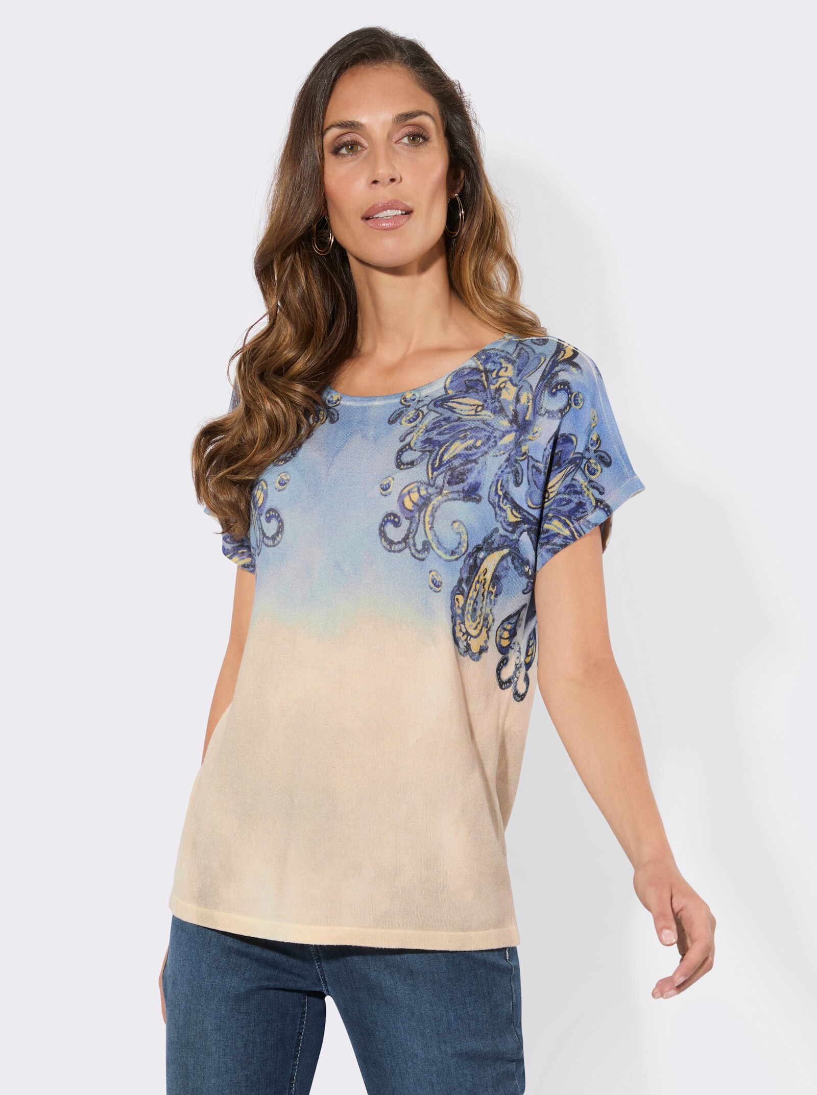 Kurzarmpullover mit modischem Strickdruck - champagner-taubenblau-bedruckt