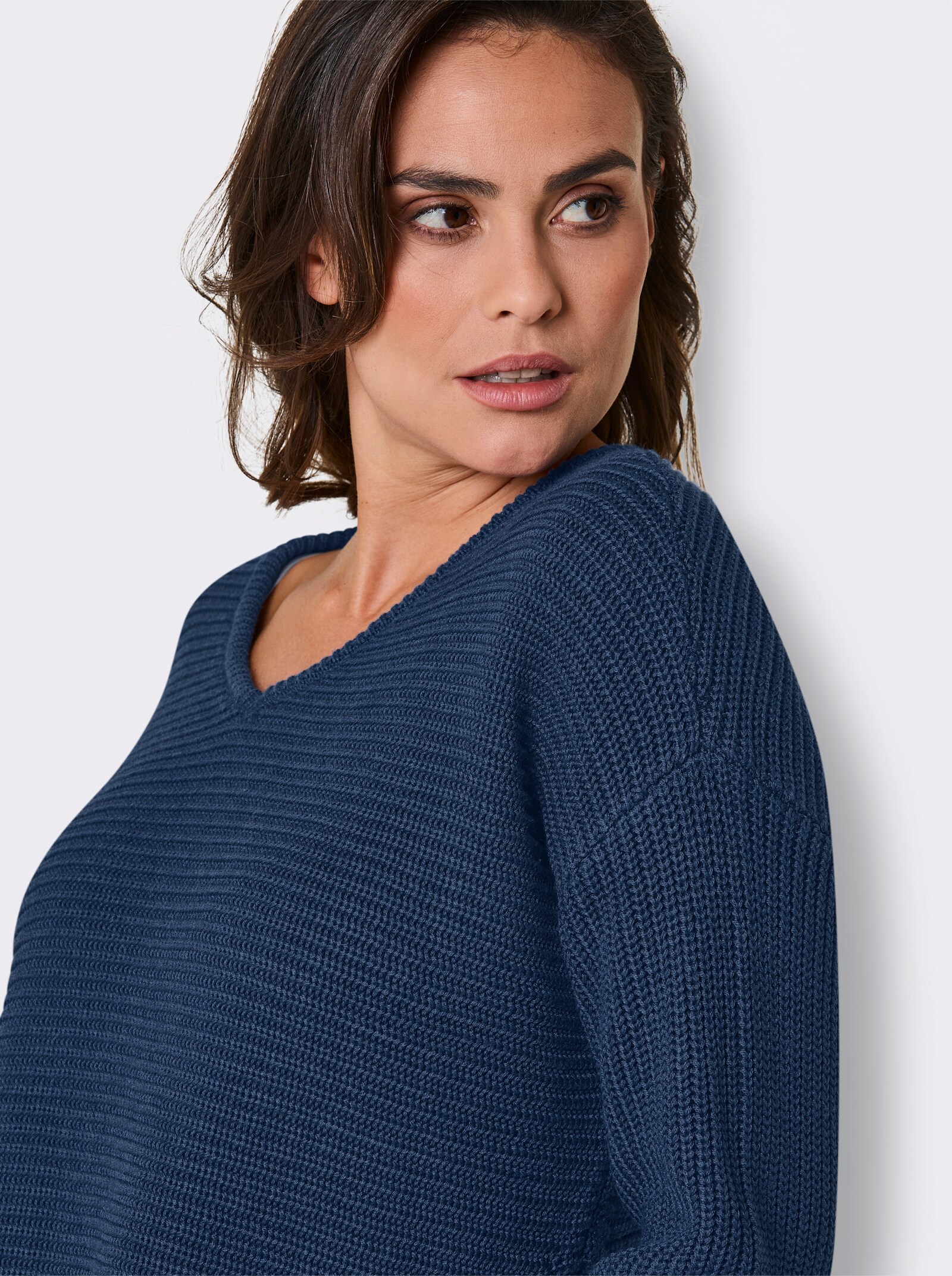 CREATION L PREMIUM Langarm-Pullover mit Kontrastkanten - jeansblau-meliert