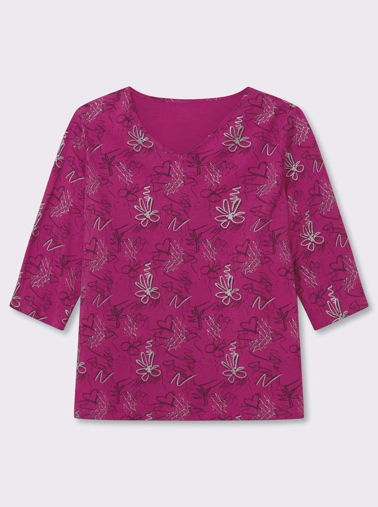 3/4-Arm-Shirt mit Herzen und Blüten verziert - fuchsia