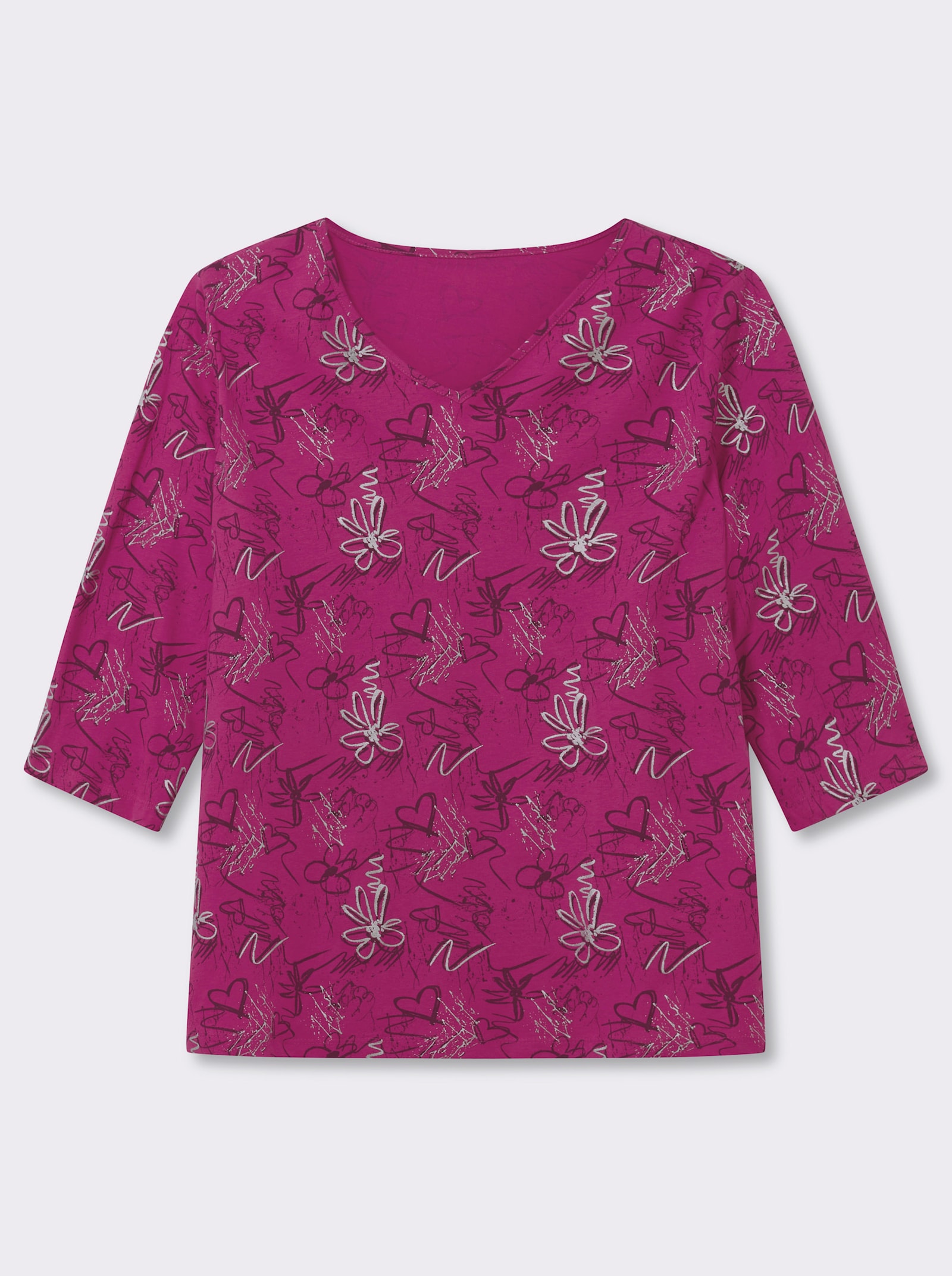 3/4-Arm-Shirt mit Herzen und Blüten verziert - fuchsia