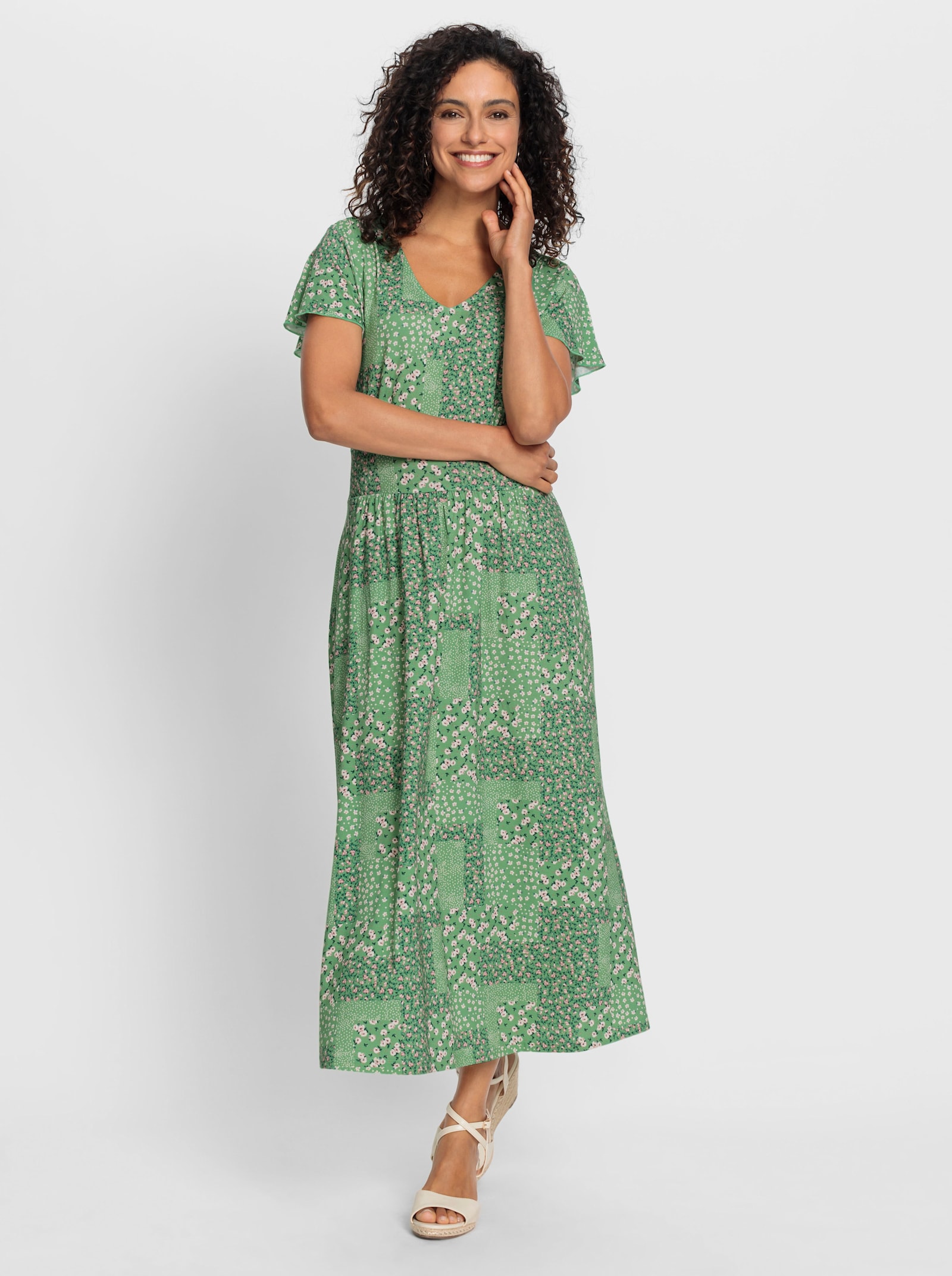 Robe en jersey avec manches chauve-souris - vert pomme-couleur ivoire imprimé