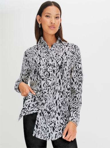 Longbluse aus recyceltem Polyester - ecru-schwarz-bedruckt