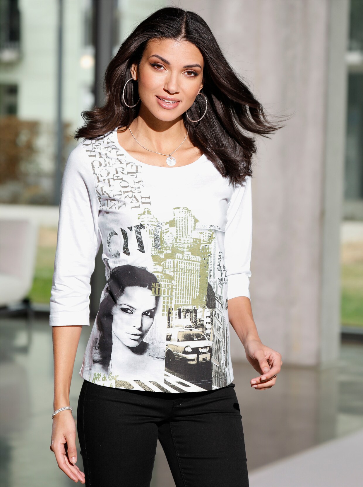 Shirt met 3/4-mouw - wit/kaki geprint