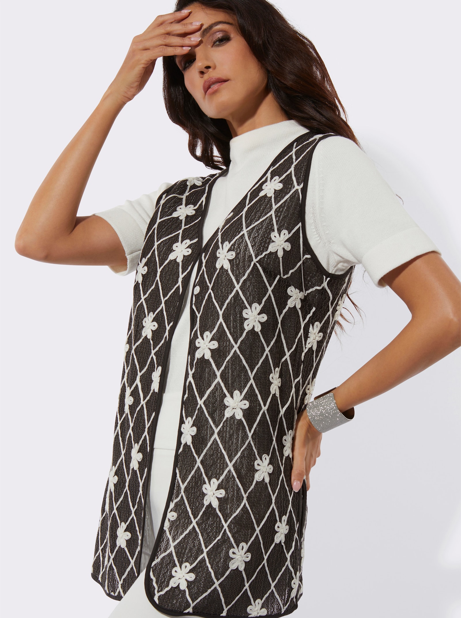 Longweste mit Rauten-Applikation - graphit-champagner