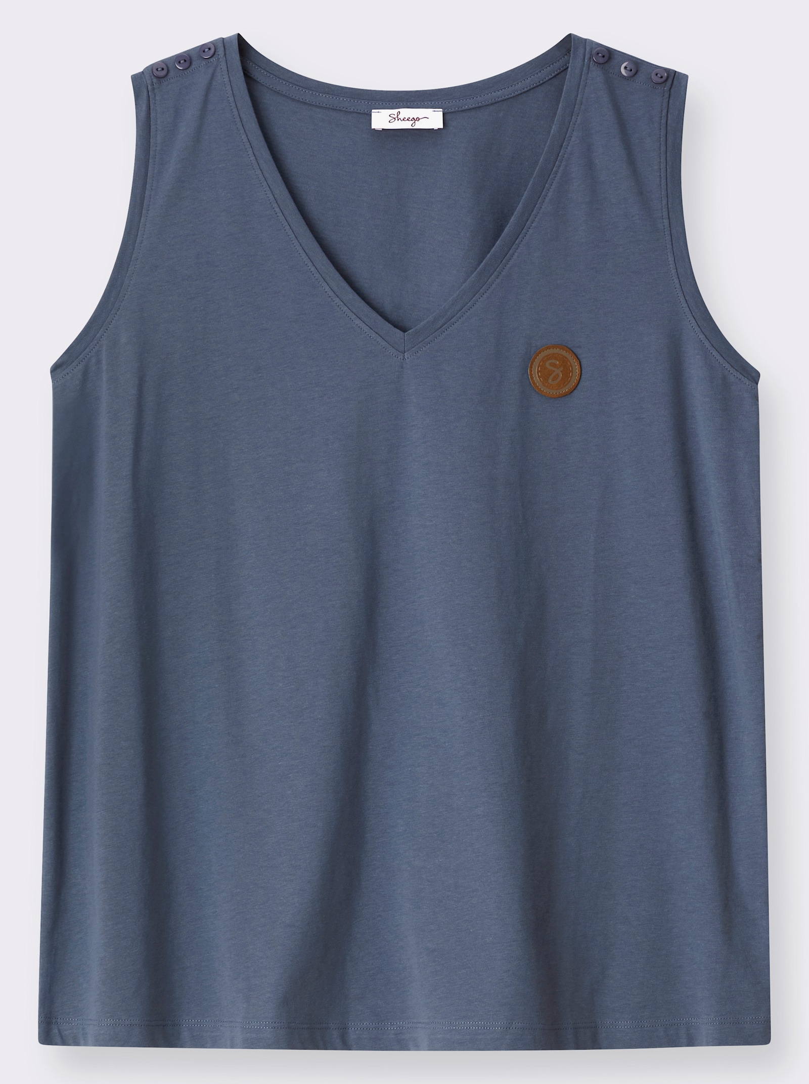 sheego Shirttop mit Lederimitat-Applikation vorn - rauchblau