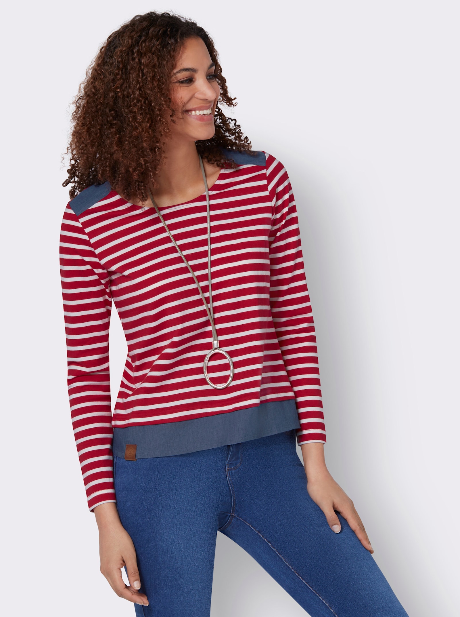 Streepjesshirt met verlengde zoom achter - rood/ecru gestreept