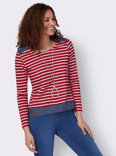 Ringelshirt mit verlängertem Saum hinten - rot-ecru-geringelt