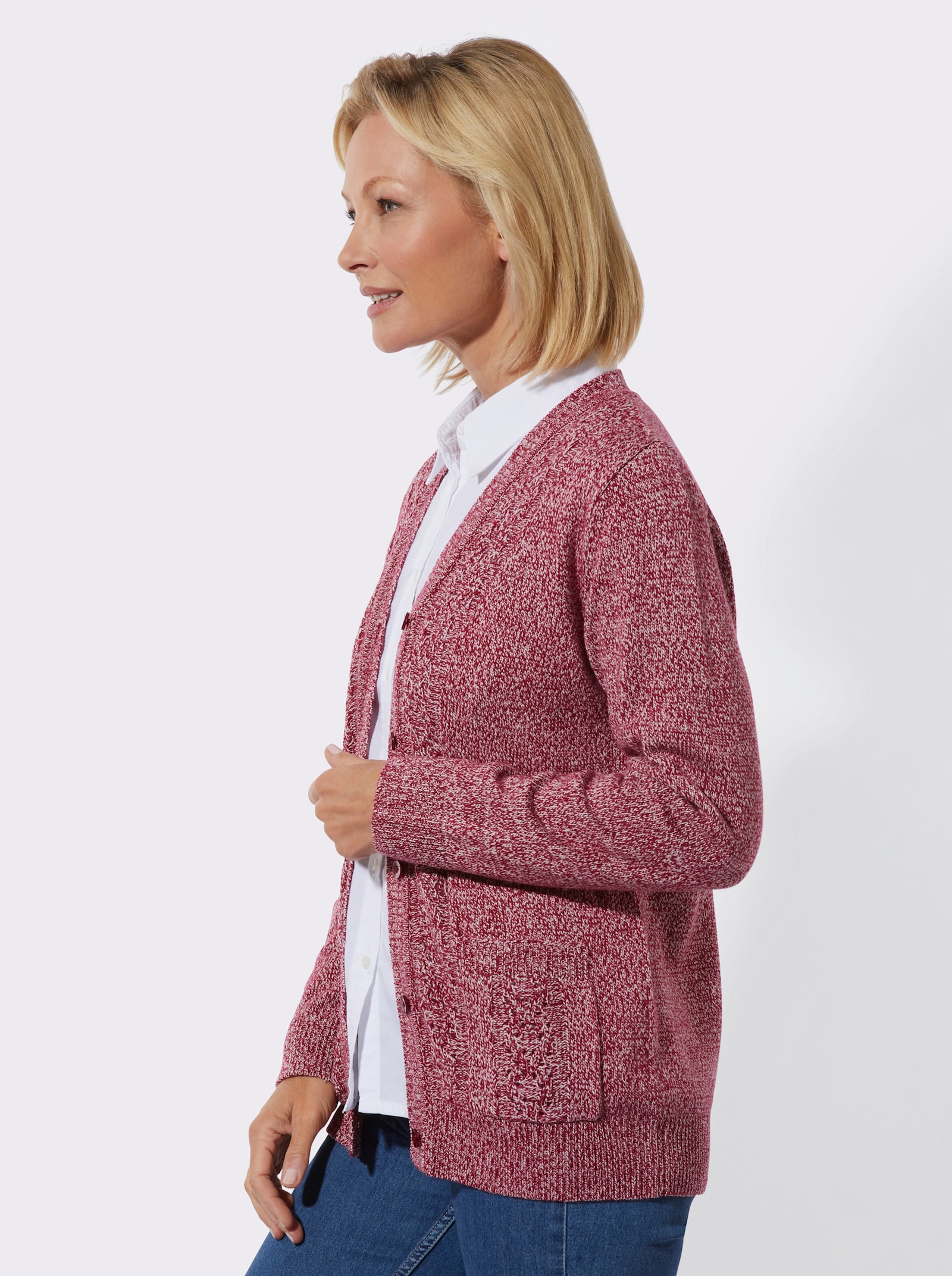 Strickjacke in Flausch-Qualität - kirsche-ecru-meliert