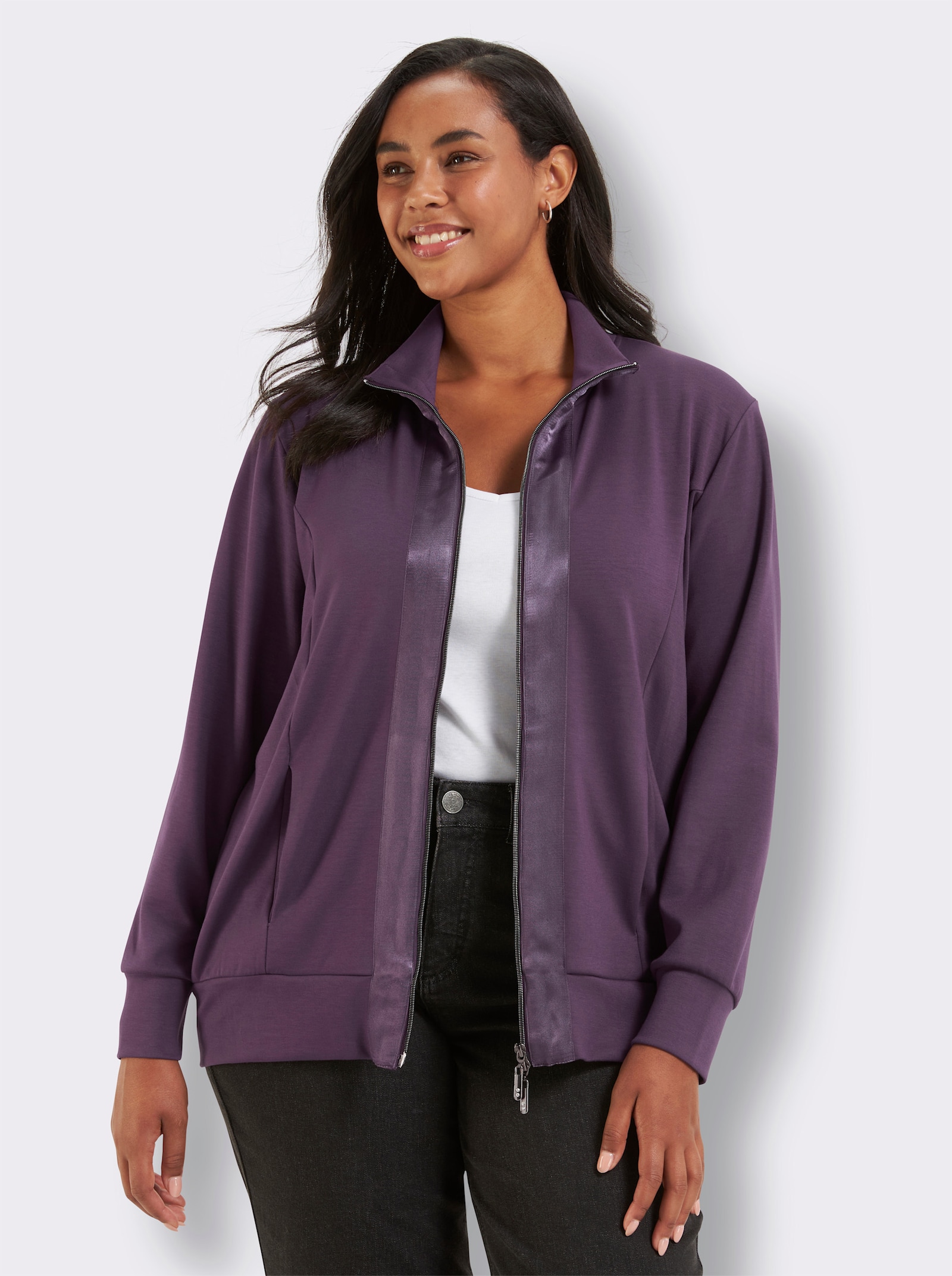 sheego Sweatjacke mit Satinborten - traube