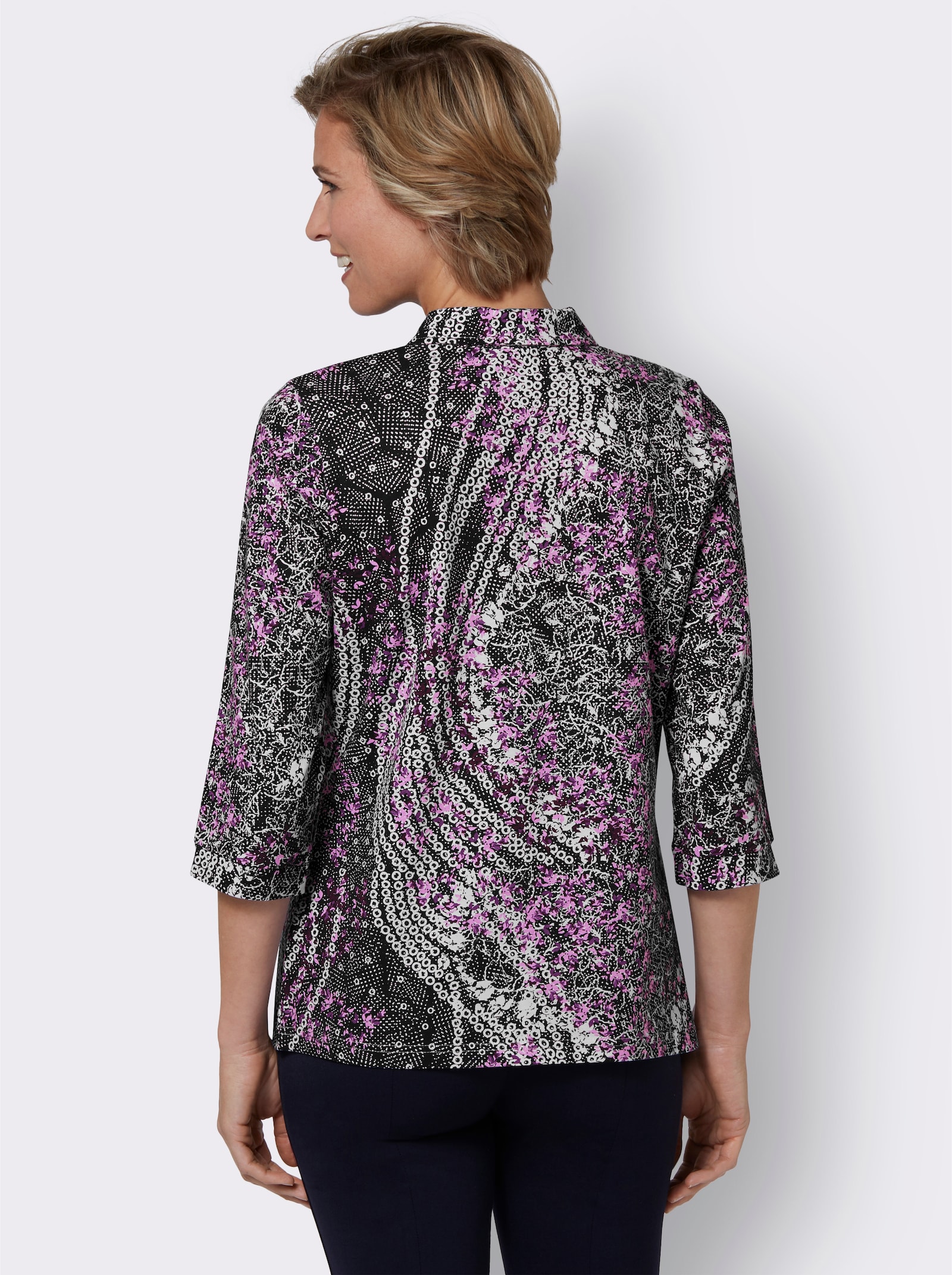 Poloshirt mit individuell ausfallendem Druckmuster - orchidee-schwarz-bedruckt