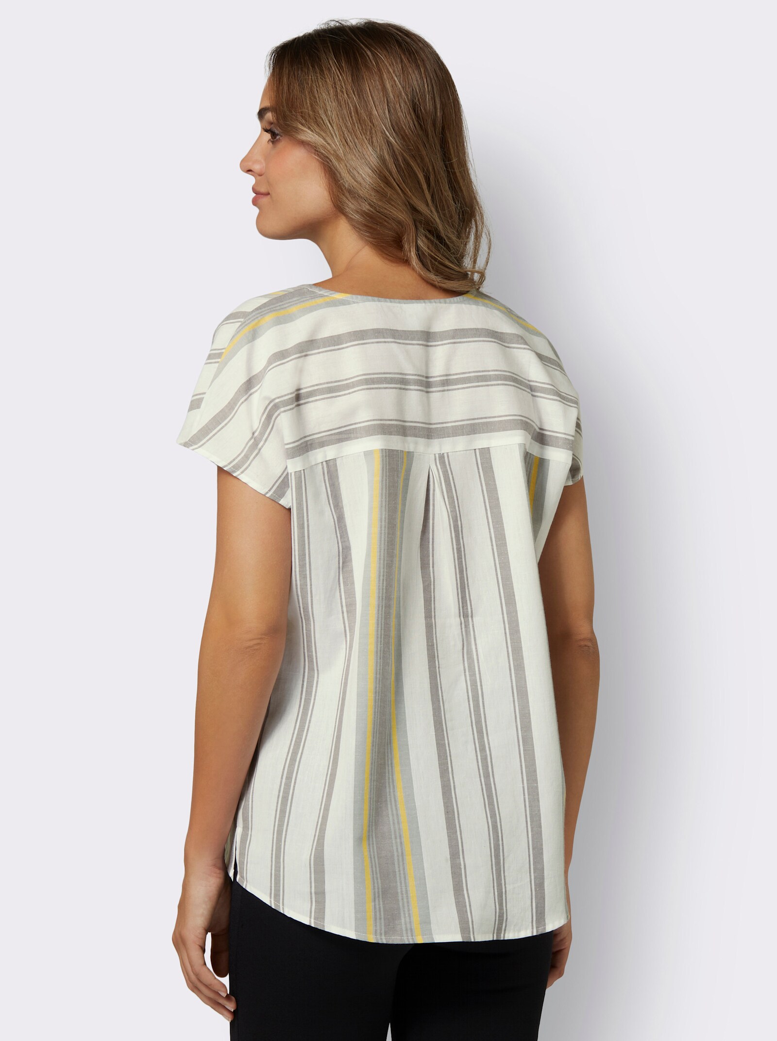 Blouse met korte mouwen en zijsplitten - steengrijs gestreept