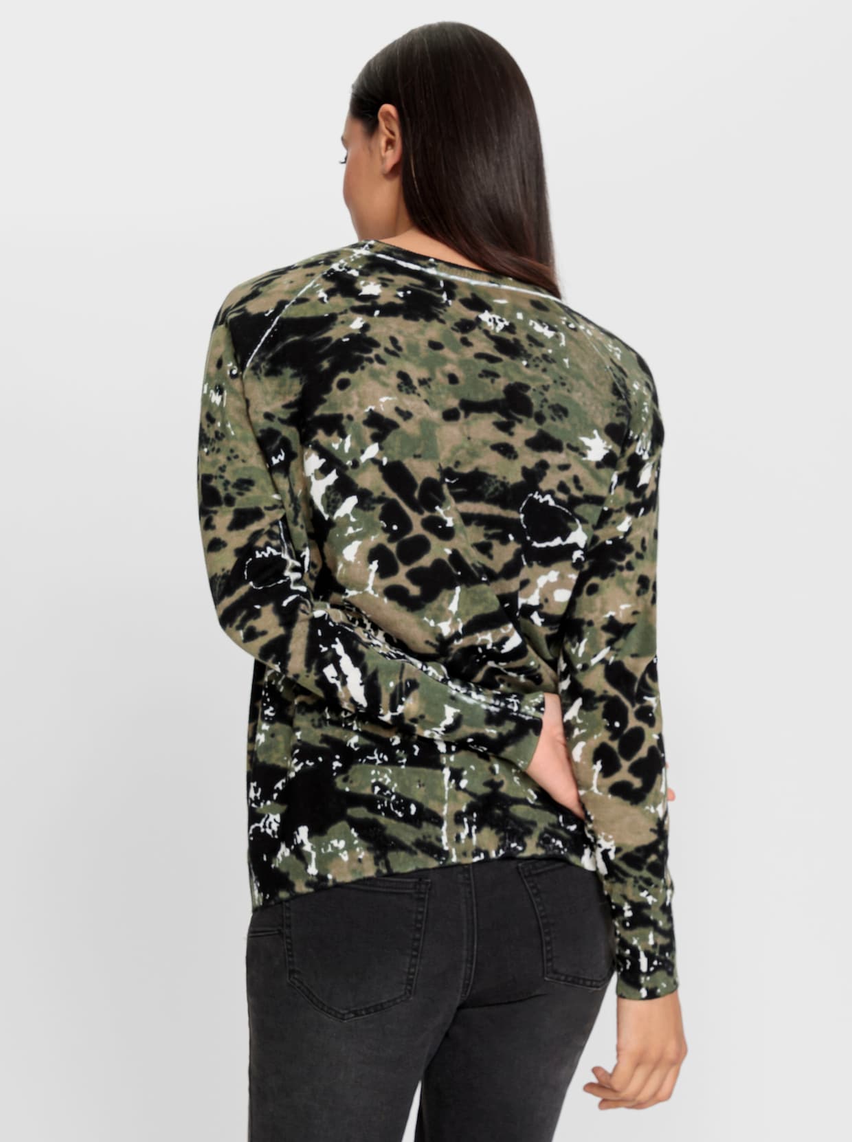 heine Baumwollpullover - khaki-schwarz-bedruckt