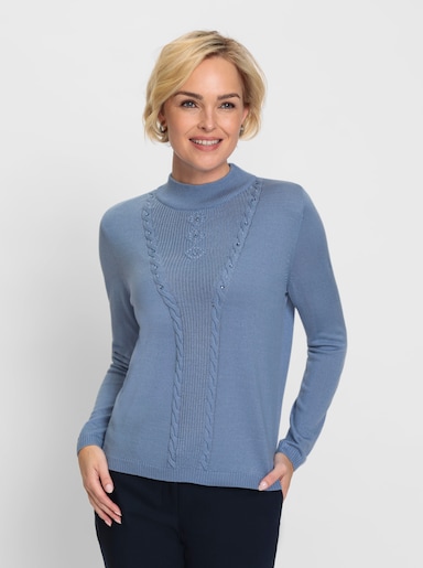 Stehkragenpullover mit Zierperlen-Applikation - bleu