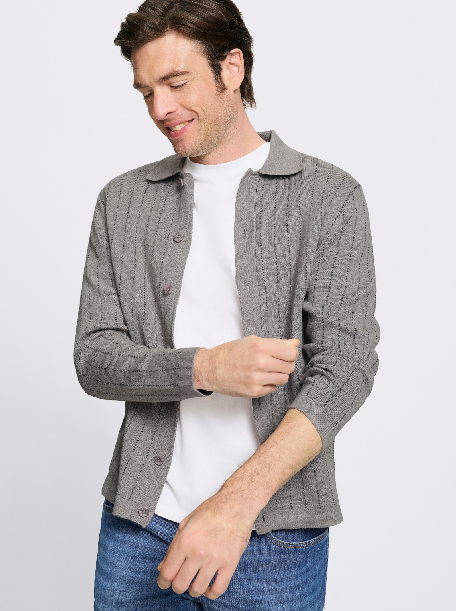 Marco Donati Strickjacke mit Jacquard-Muster, Baumwolle - grau-meliert