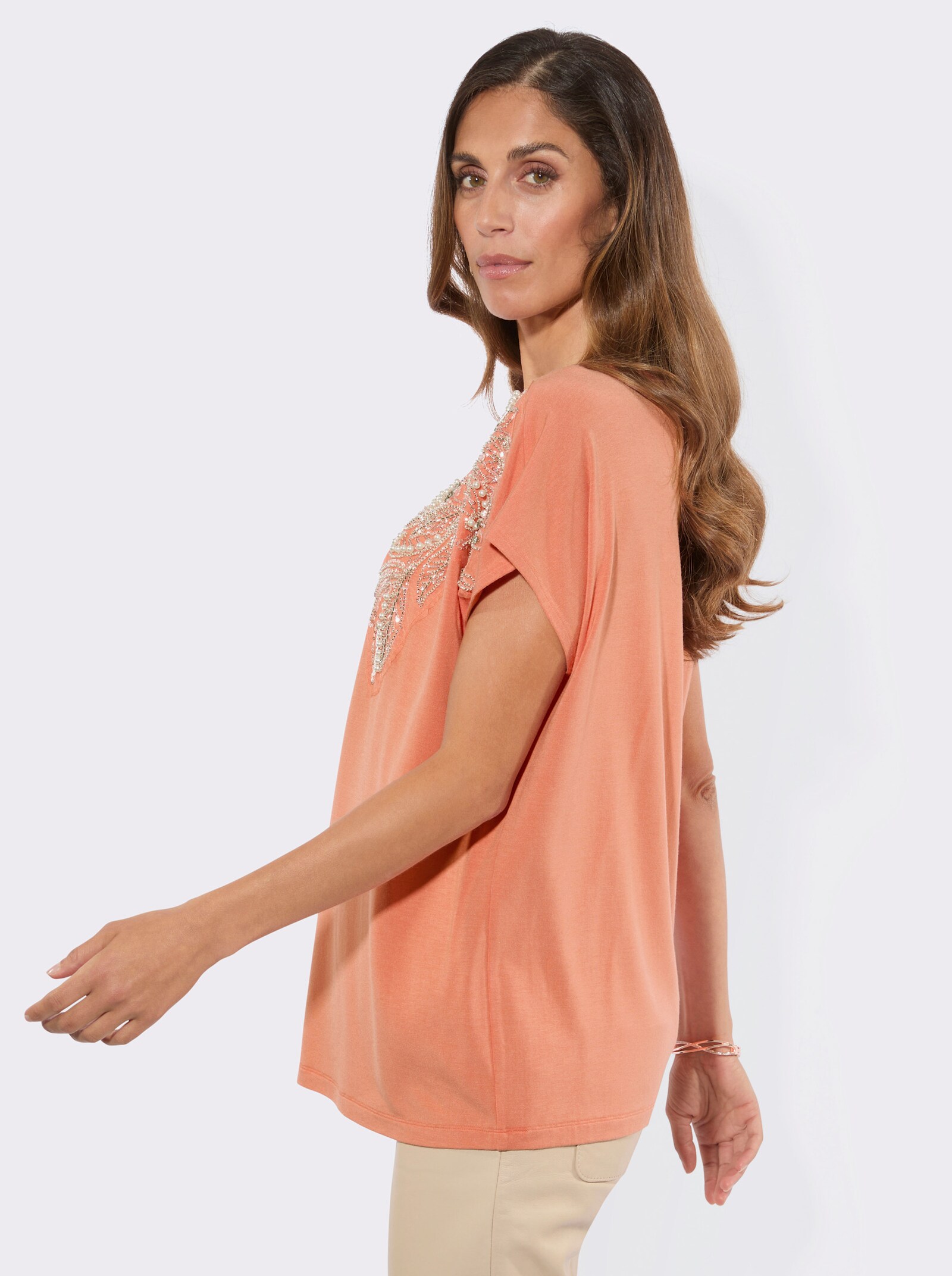 Rundhalsshirt mit Zierperlen und Pailletten - papaya