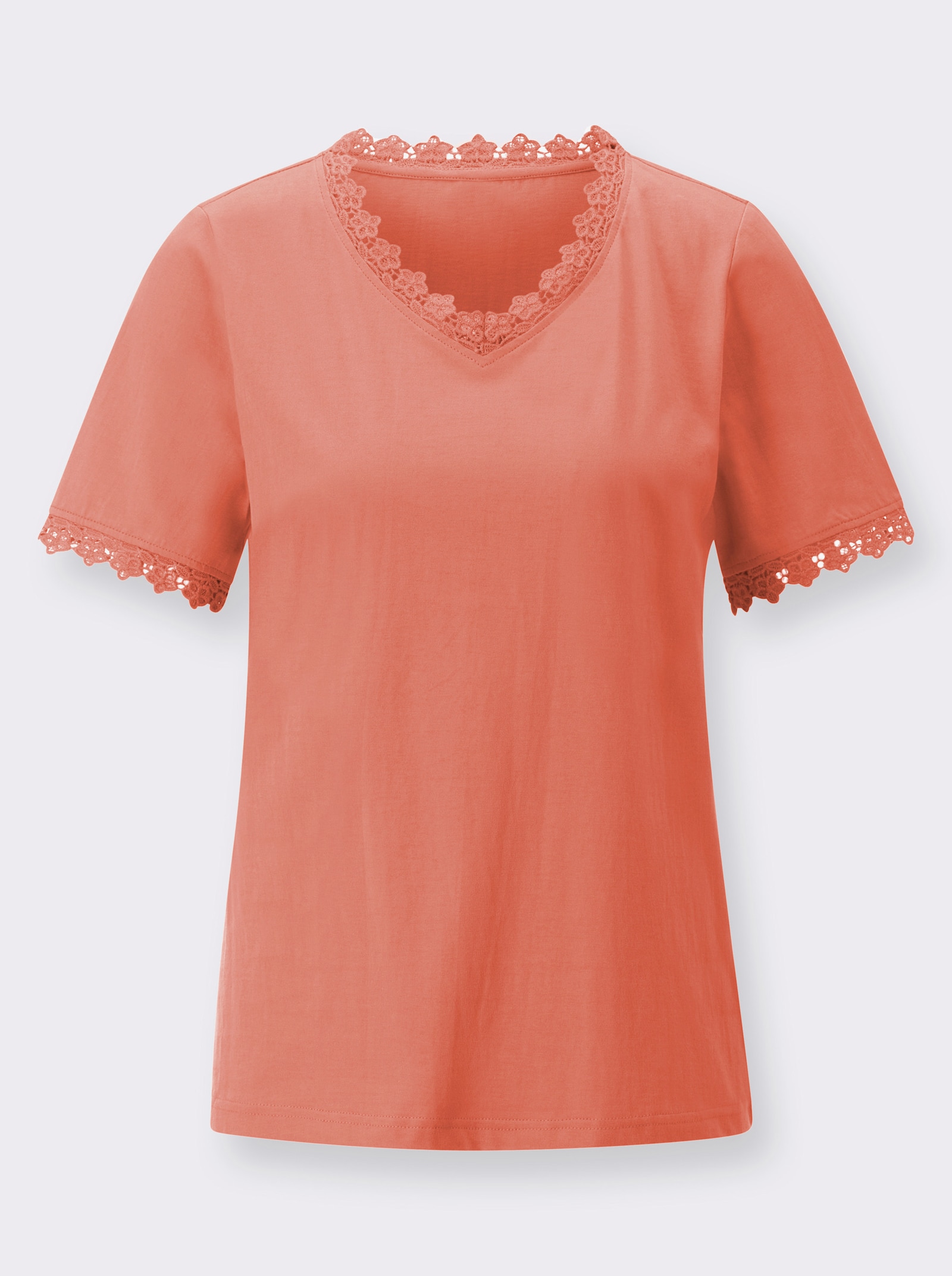 Tričko s výstřihem do V a krajkovými pásky - papájová