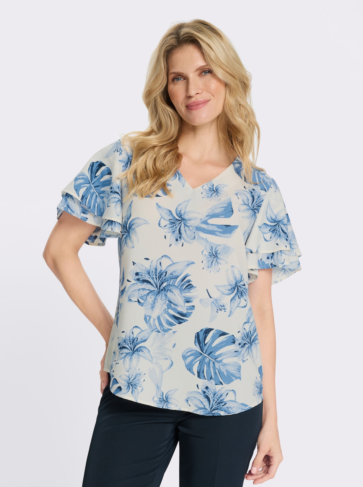 Kurzarm-Bluse in pflegeleichter Qualität - eisblau-champagner-bedruckt