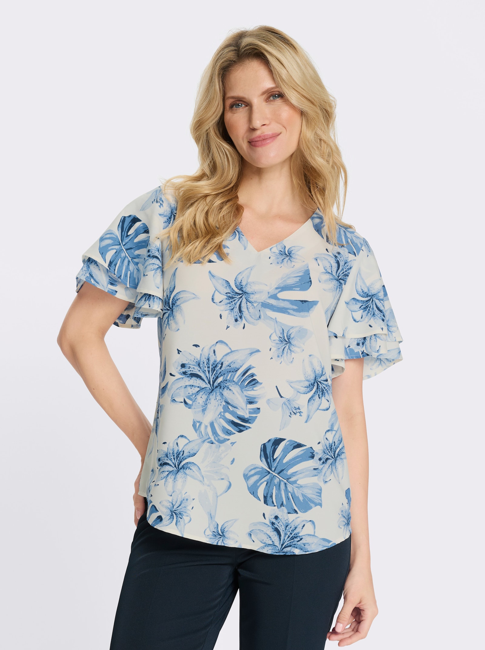 Kurzarm-Bluse in pflegeleichter Qualität - eisblau-champagner-bedruckt