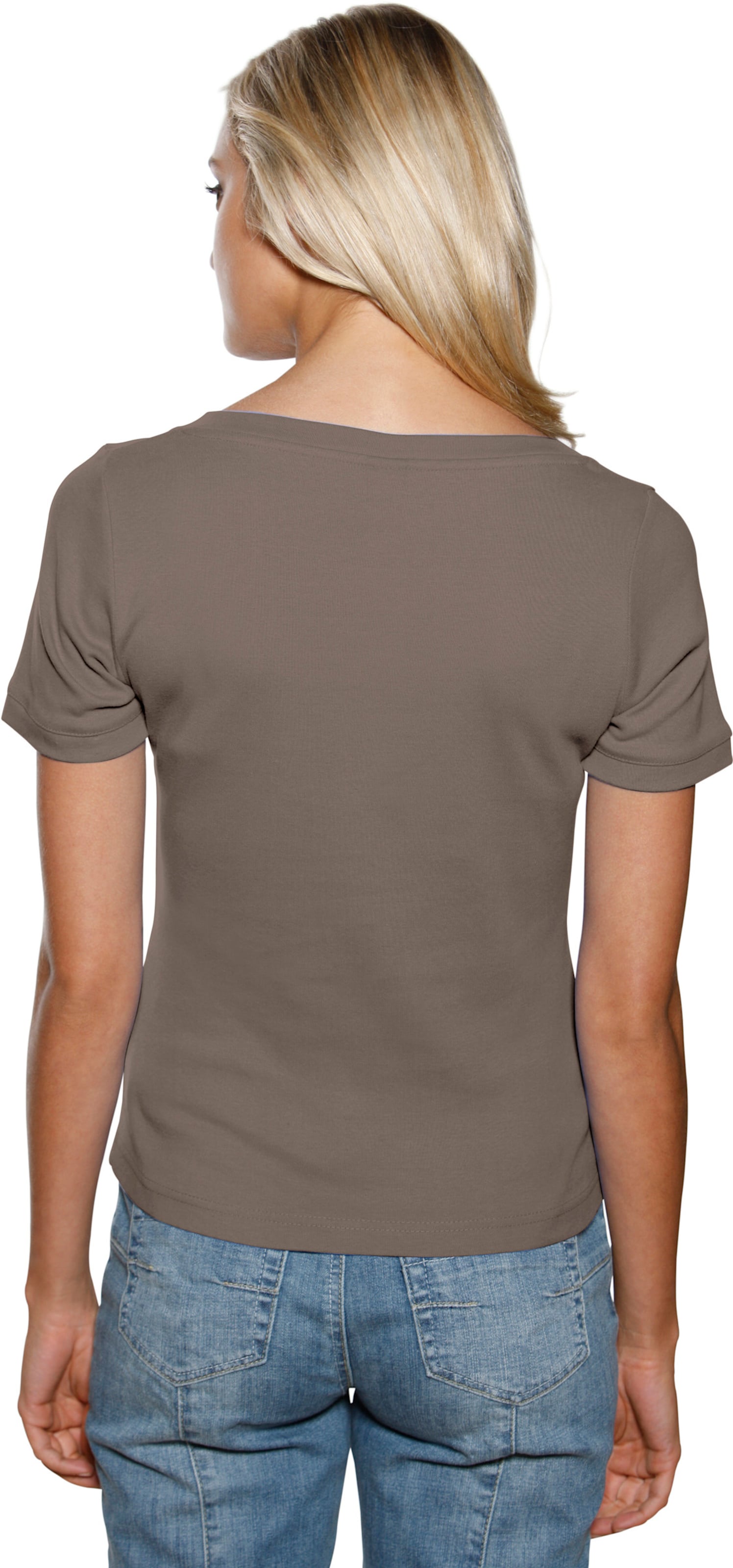 Figur mit günstig Kaufen-Carré-Shirt in taupe von heine. Carré-Shirt in taupe von heine <![CDATA[Carré-Shirt Mit großzügigem Ausschnitt. Aus trageangenehmer, feiner Rippenware. Figurbetonte Form.]]>. 