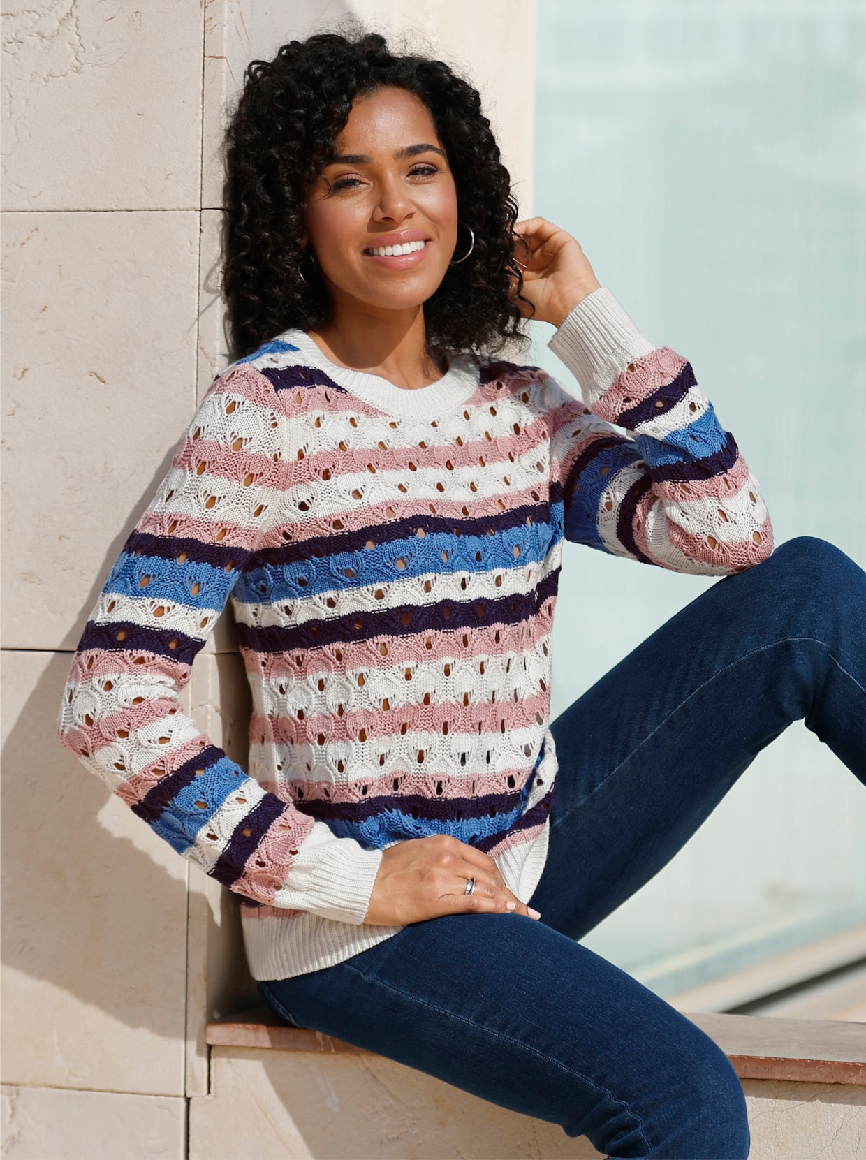 Ajourpullover mit Streifen-Muster - ecru-hortensie-gemustert