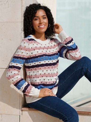 Ajourpullover mit Streifen-Muster - ecru-hortensie-gemustert